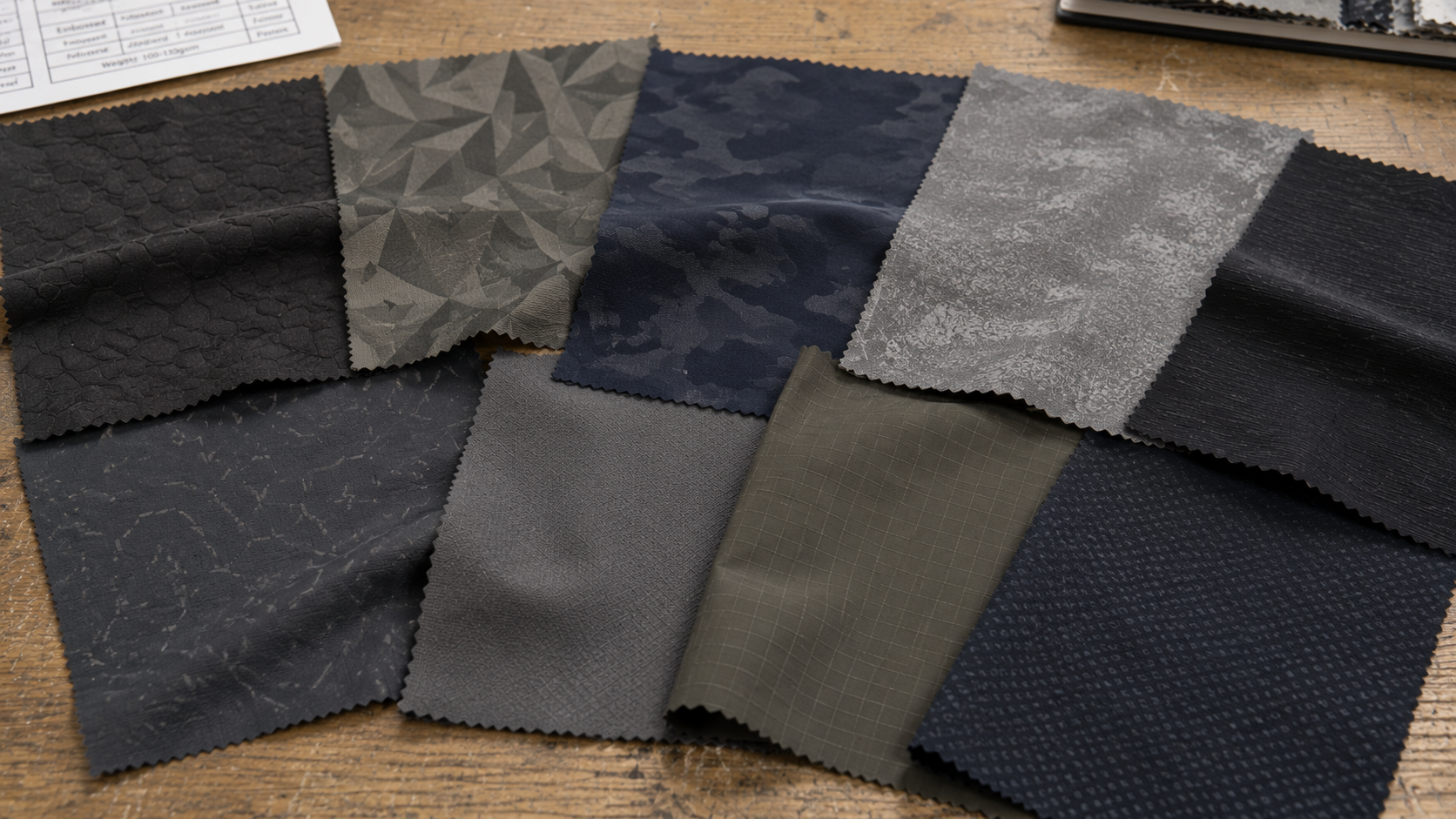 A variety of fabric swatches in shades of black, gray, and navy blue arranged on a wooden surface, with some having textured patterns and others smooth.