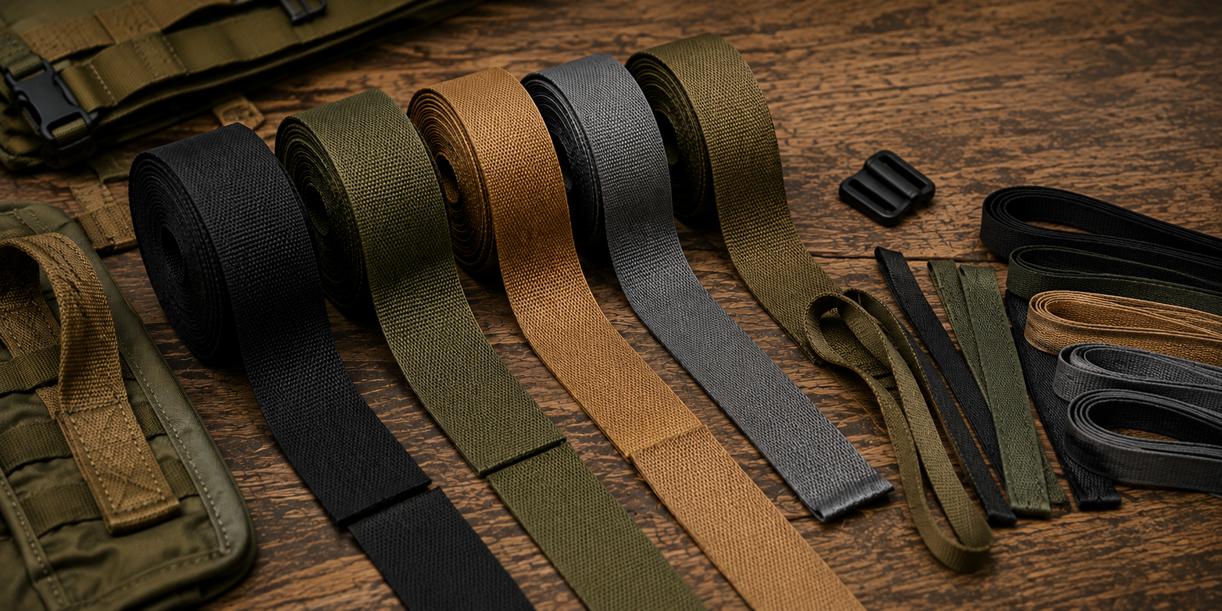 Multiple rolls of tactical nylon webbing in various colors including black, green, tan, gray, and olive drab, arranged on a wooden surface with some additional smaller straps and buckles nearby.