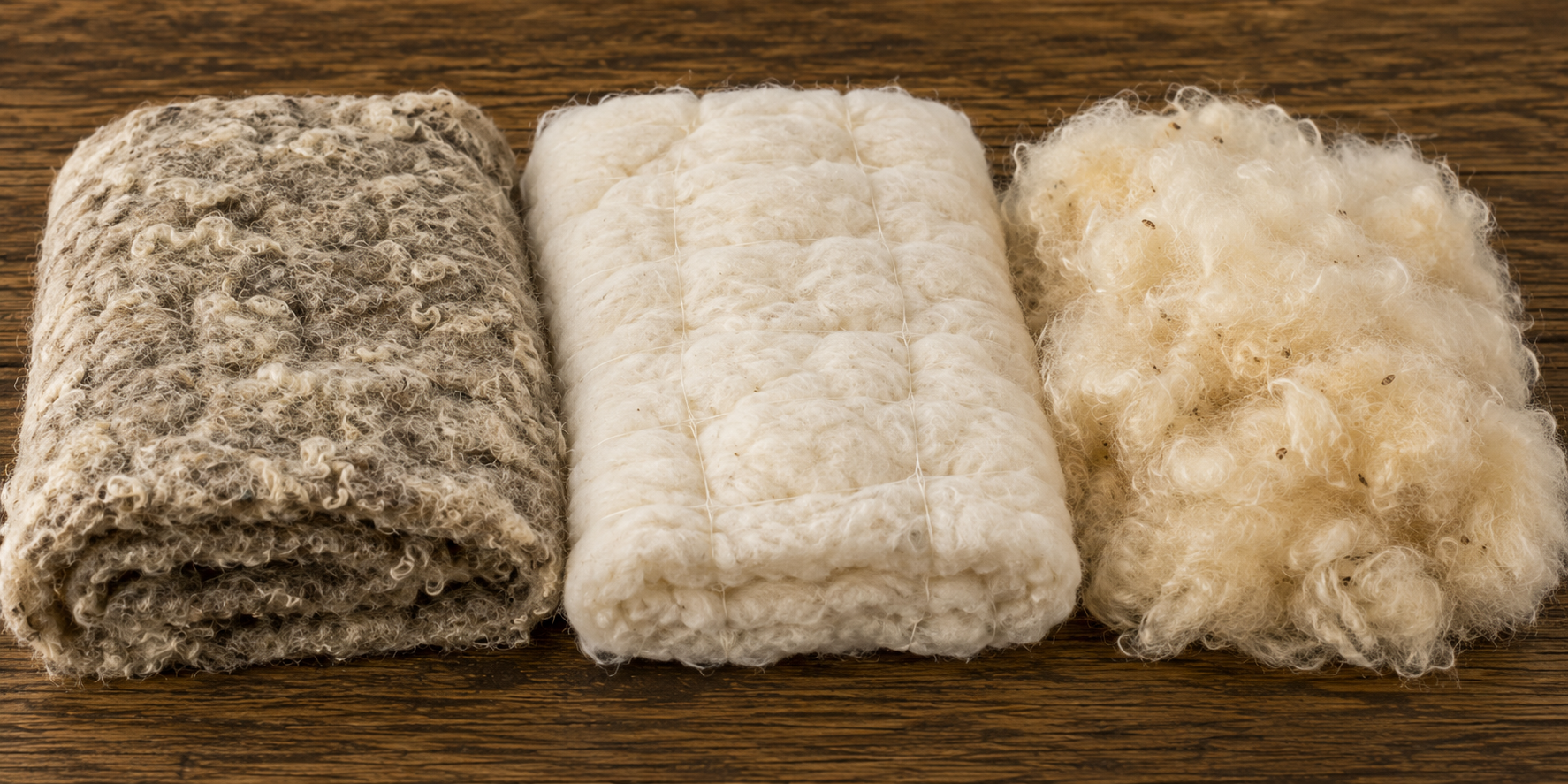 Three types of raw wool fibers rolled into separate bundles on a wooden surface.