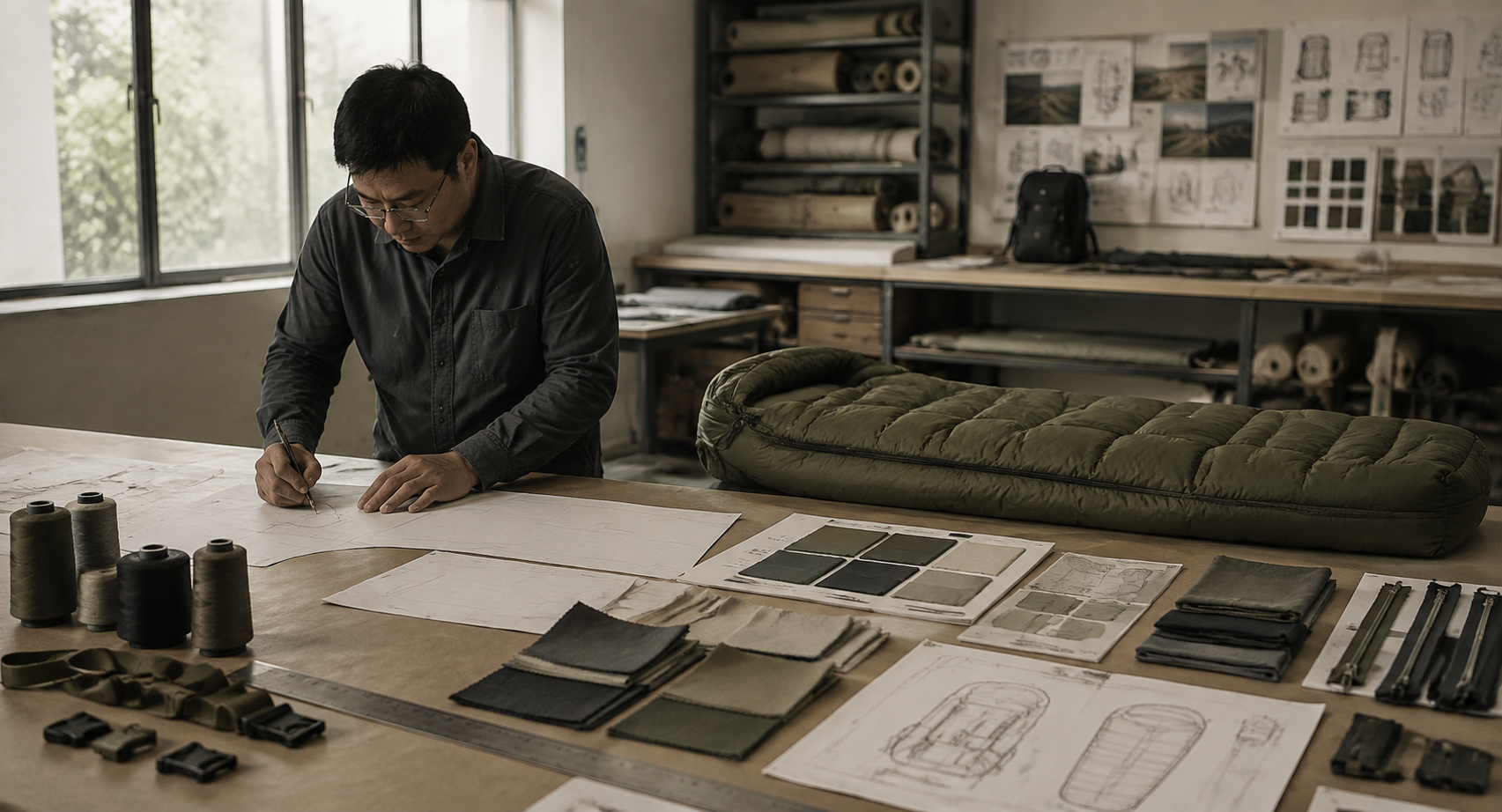 Architect working on designs at a crafting table with fabric swatches, spools of thread, and design sketches in a studio.