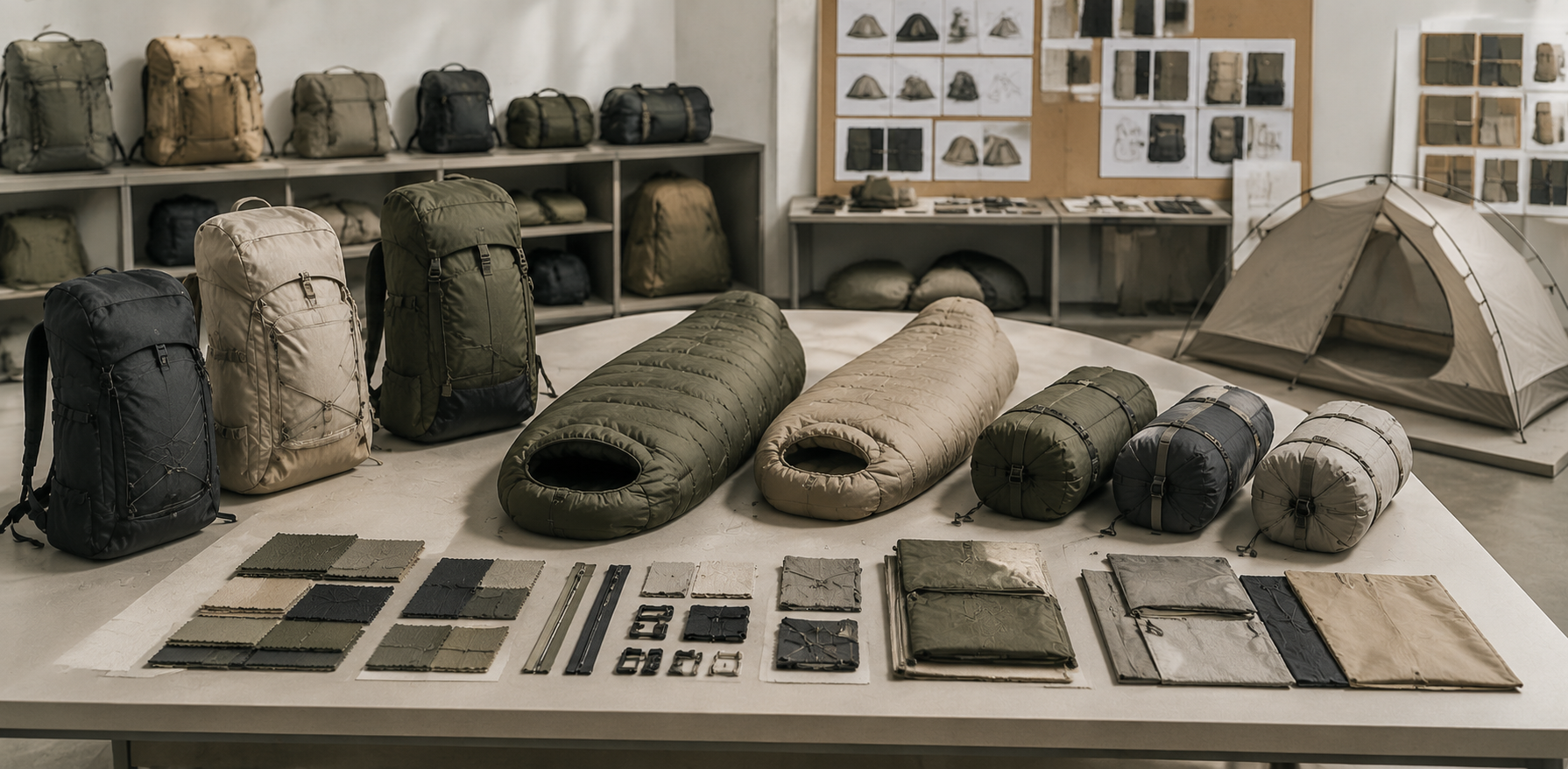 Outdoor product samples including sleeping bags, backpacks, fabric swatches and material components.