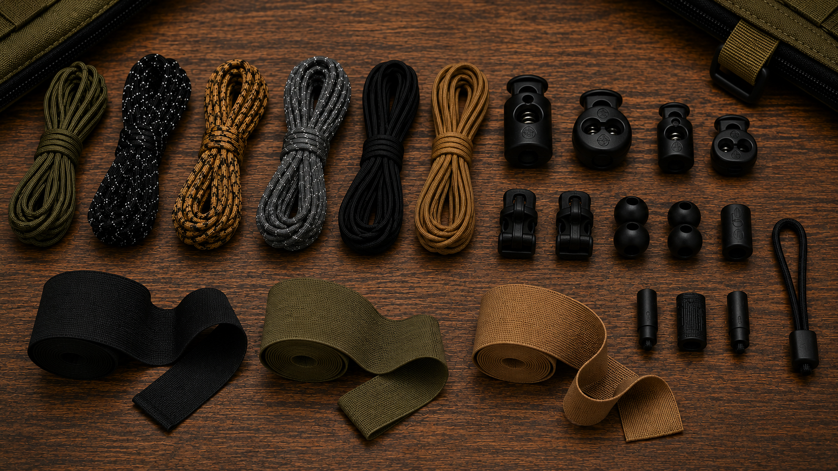 Display of various paracord strips, black clips, earplugs, and straps on a wooden surface, likely for outdoor gear or survival equipment.