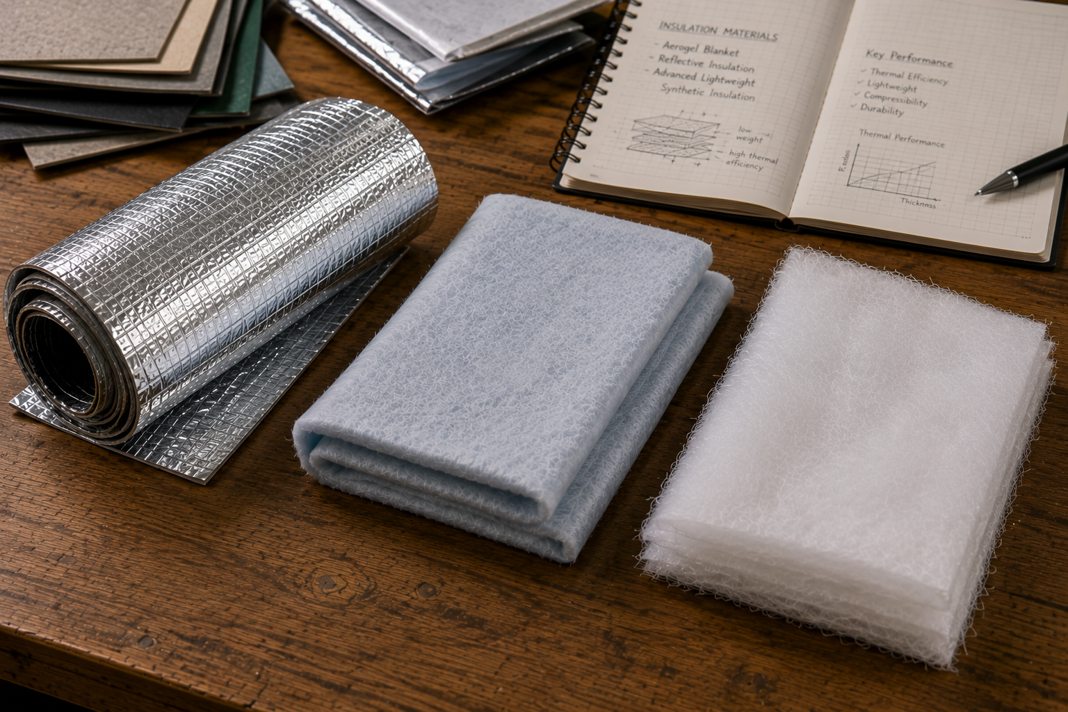 Rolls of reflective insulation, folded fabric insulation, and foam padding on a wooden table with an open notebook showing insulation material properties and notes.
