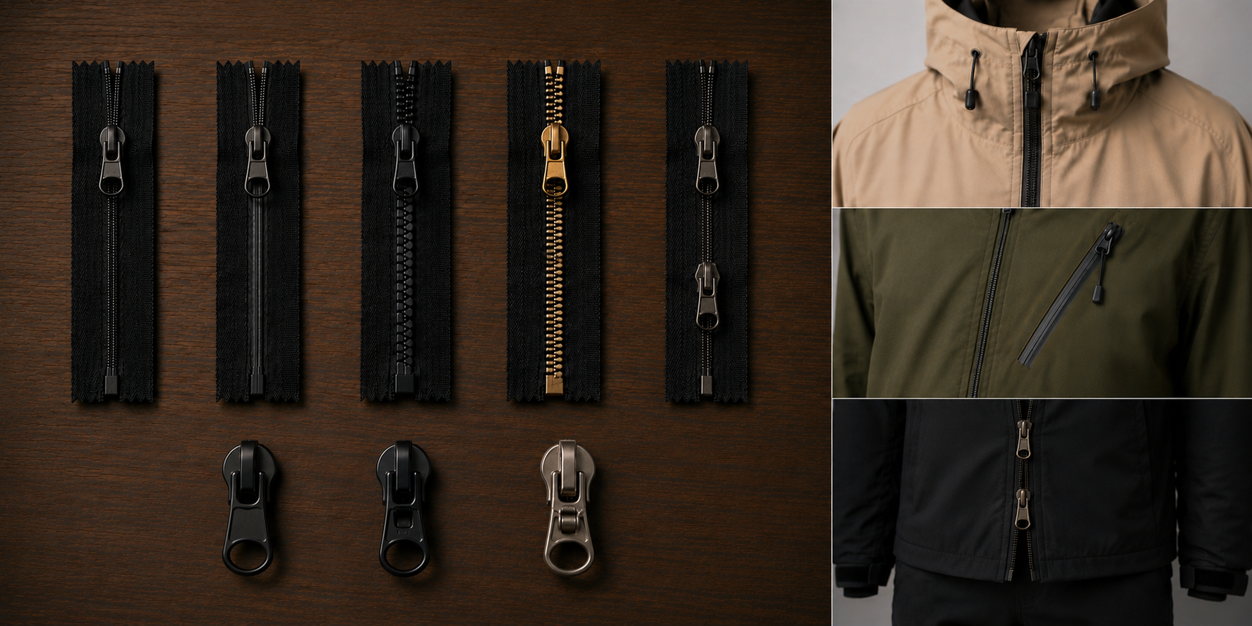 Four zipper pulls in different colors and styles are displayed on a wooden surface, accompanied by three zipper sliders below. To the right, there are images of jackets with different zipper styles and colors, including beige, green, and black jackets.