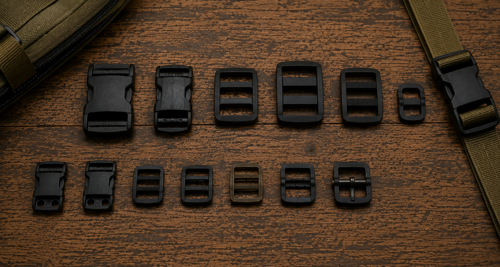 Various black plastic buckles of different sizes arranged on a wooden surface, with part of a green and black strap on the sides.