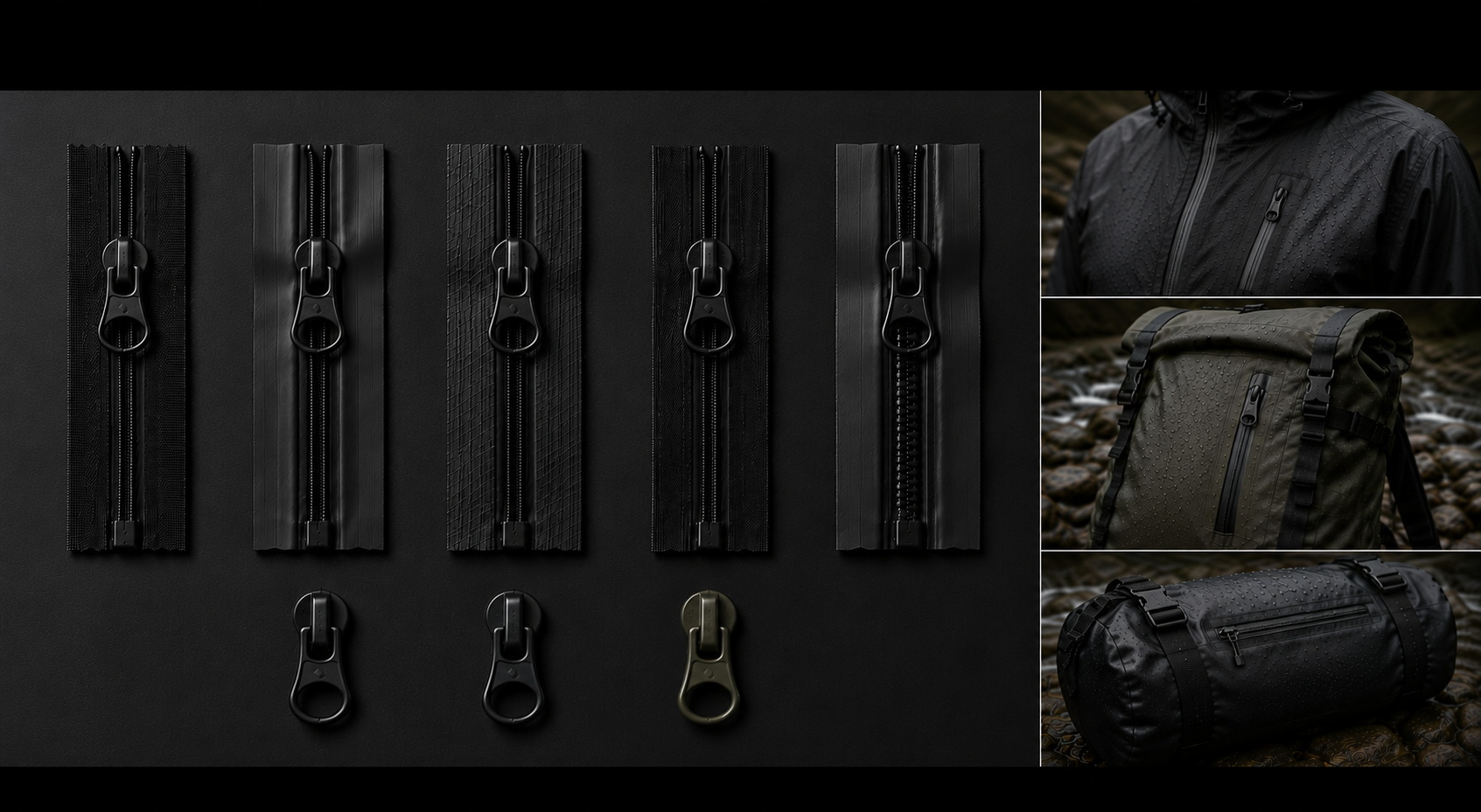Close-up of black zippers and zipper pulls in various designs, with images of waterproof jackets, a backpack, and a duffle bag with water droplets, indicating waterproof outdoor gear.