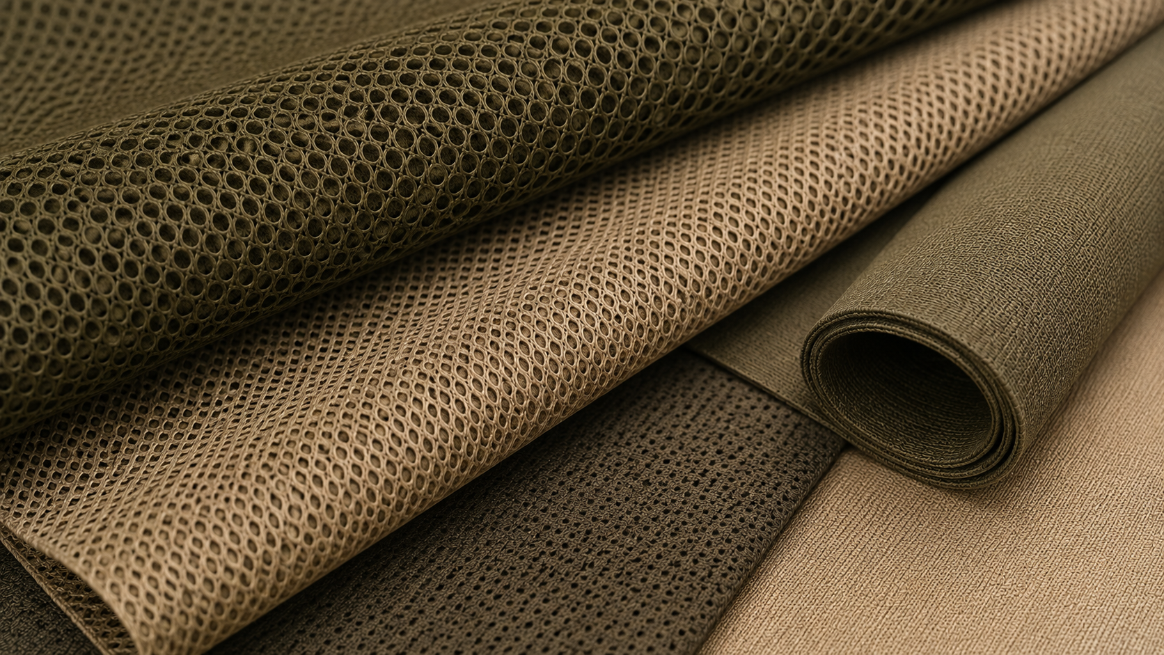 A collection of rolled-up fabrics in various shades of tan and brown with textured surfaces, including mesh and woven patterns.