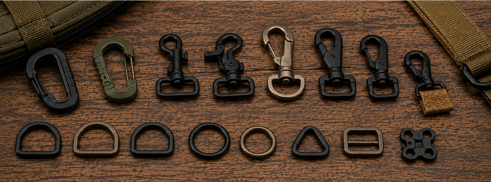 A variety of metal and plastic hooks and rings of different shapes and colors are spread out on a wooden surface, with two straps visible in the top corners.