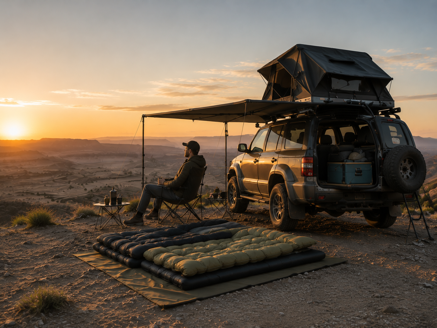 A person sitting in a camping chair beside a large SUV with a rooftop tent, enjoying the sunset view over a valley with rolling hills. camping gear, sleeping mats, and a small table with drinks are around them.