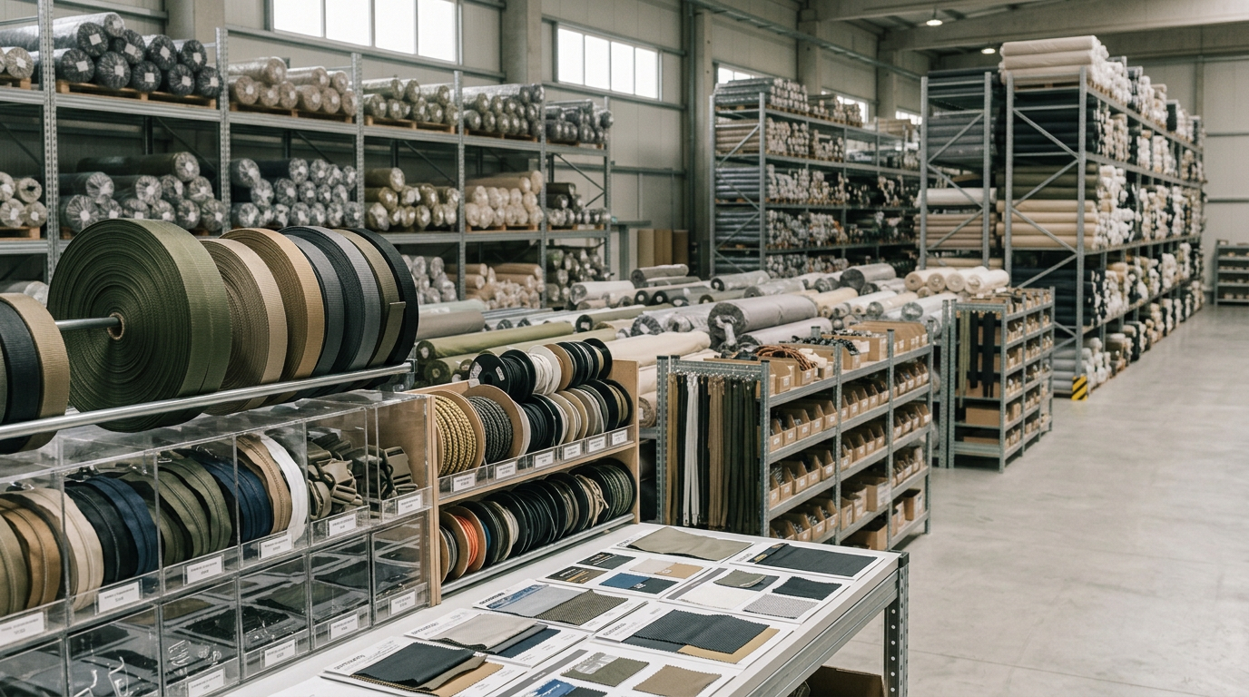 Textile material sourcing warehouse with rolls of fabric, webbing, trims and material samples.