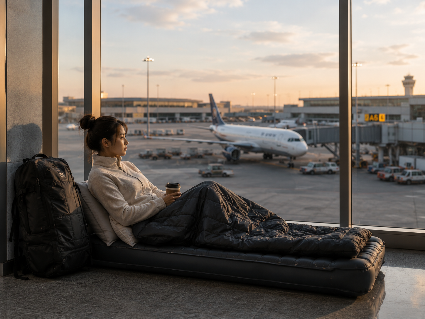Woman resting on luggage bed at airport terminal watching airplane outside window with sunrise lighting.