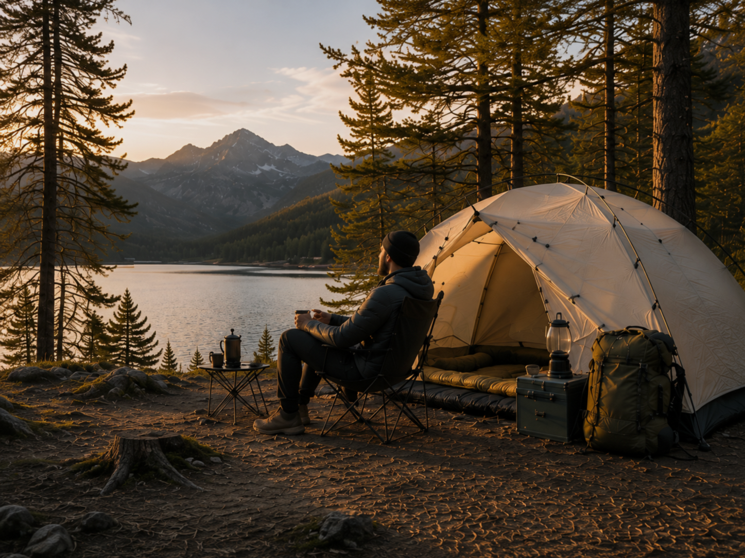 A man sitting in a camping chair near a tent by a lakeside at sunset, with mountains and trees in the background.