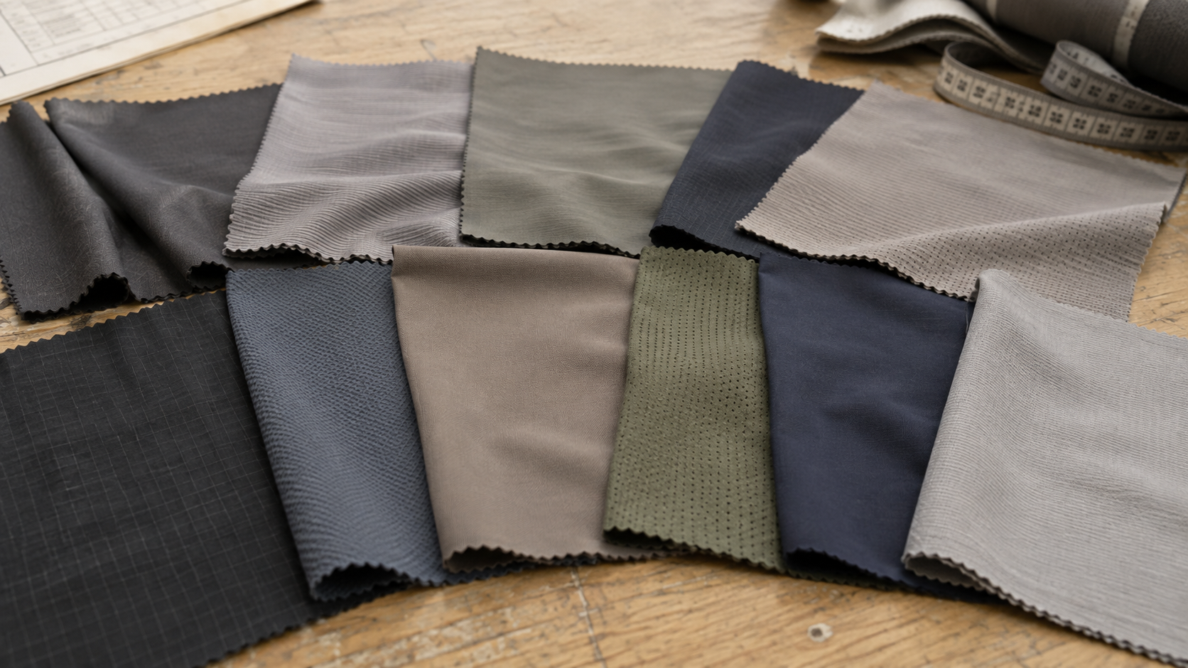 Fabric swatches in various shades of gray, beige, green, and blue laid out on a wooden surface with a ruler and newspaper in the background.