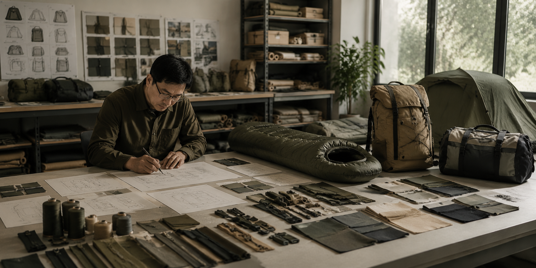 Outdoor product development with material selection, fabric swatches and component evaluation.