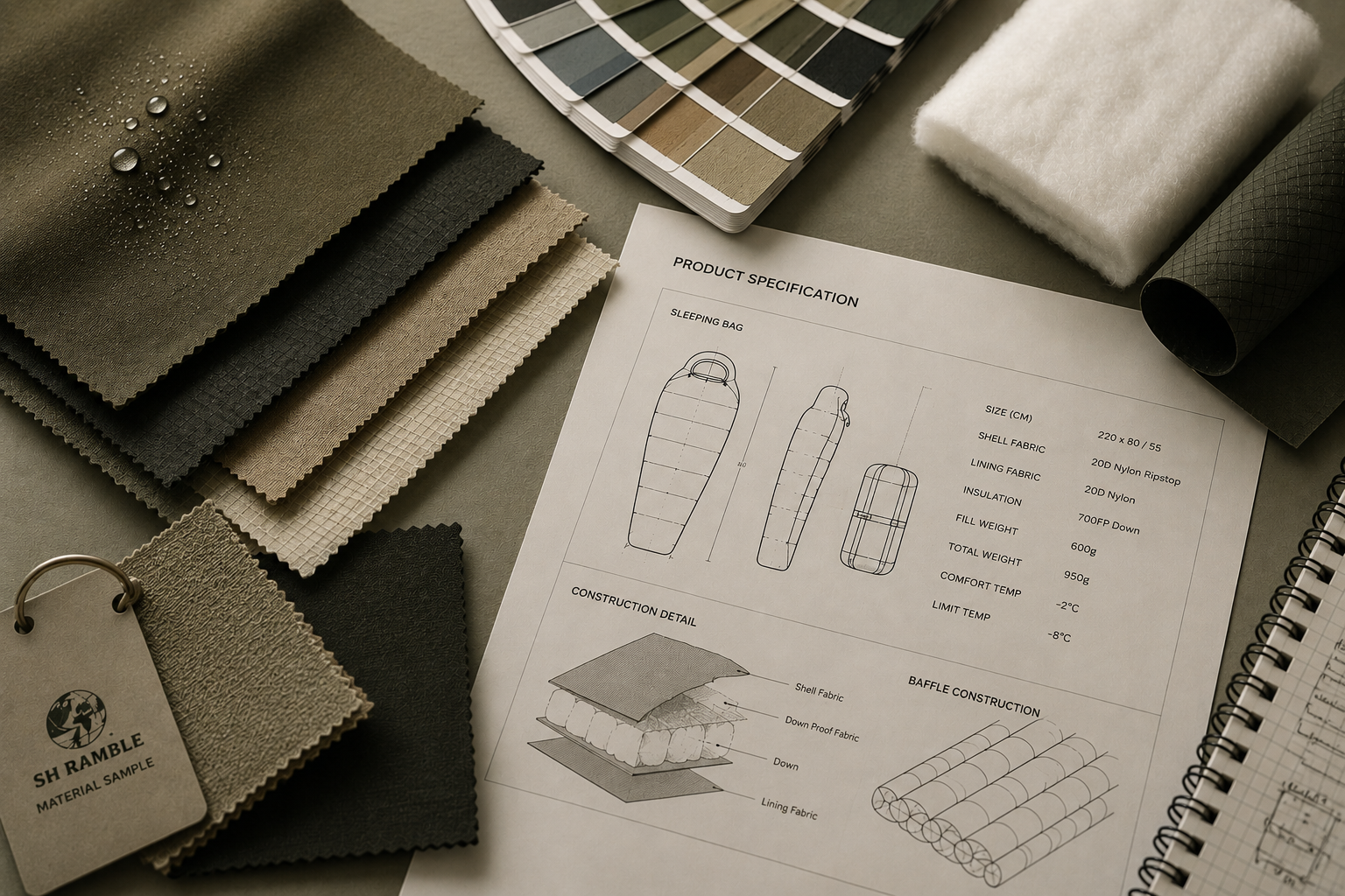 Materials and design specifications for a sleeping bag, including fabric samples, a color swatch, a padded fabric piece, and a detailed technical drawing with measurements and construction details on a sheet of paper.