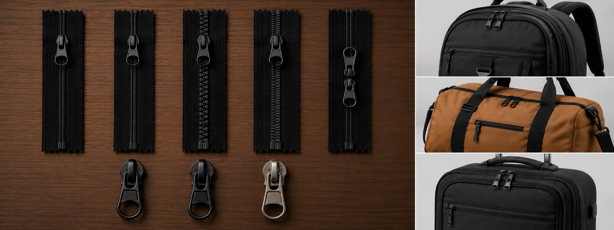 Collection of black and brown zippers and three different black and brown backpacks.