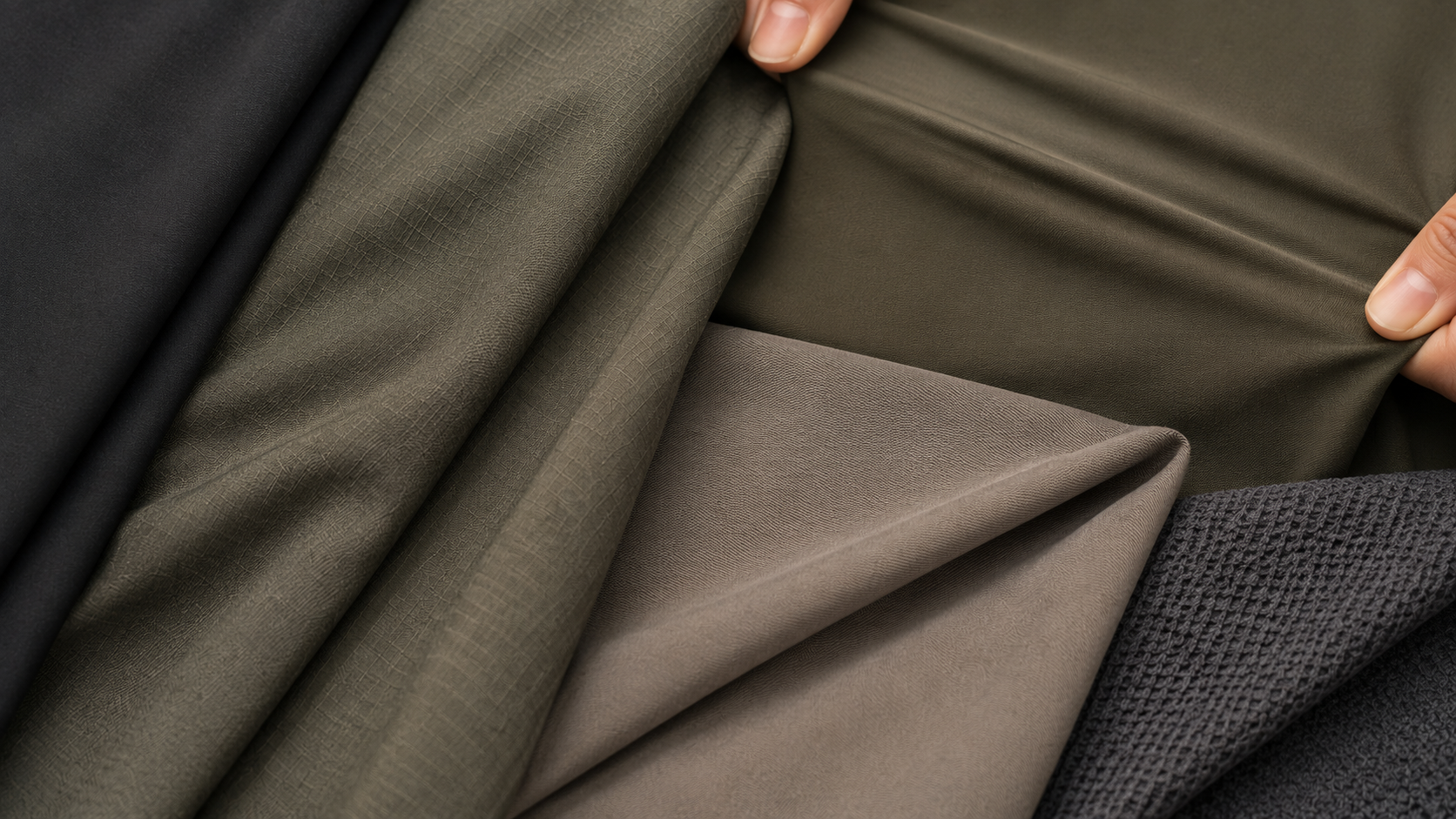 Multiple fabric swatches in various shades of black, gray, and beige, with some being textured and others smooth, displayed side by side.