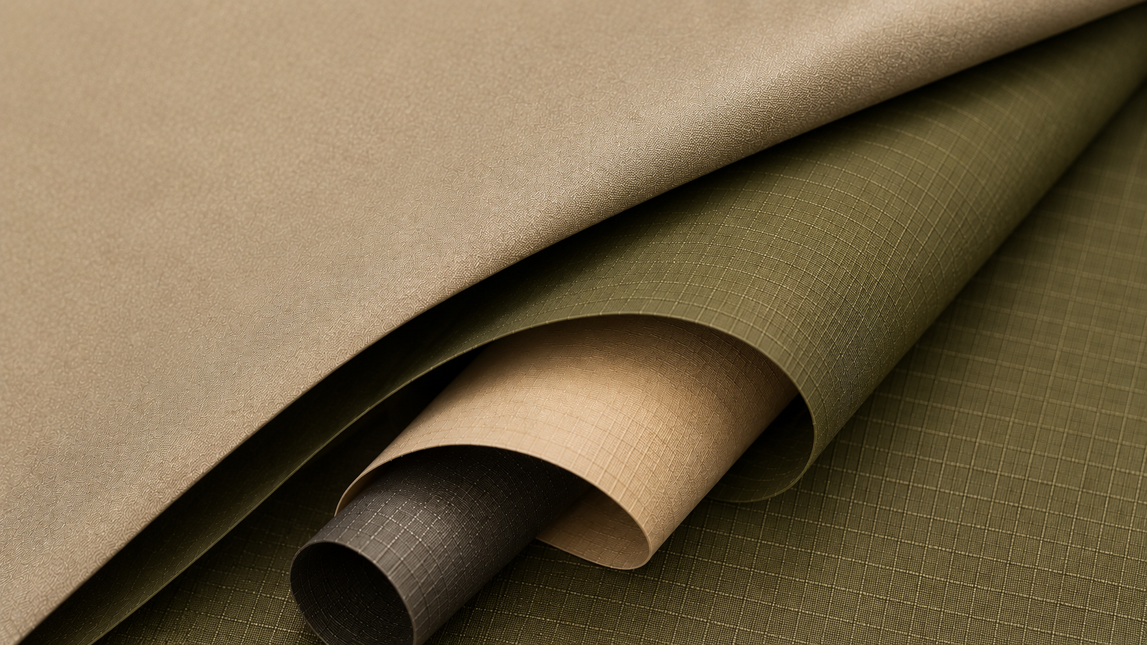 Close-up of stacked rolls of textured fabric in beige, green, and black.