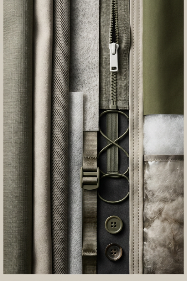 Close-up of organized fabric and gear, including zippers, straps, rings, buttons, and a patch of fluffy material, arranged vertically.