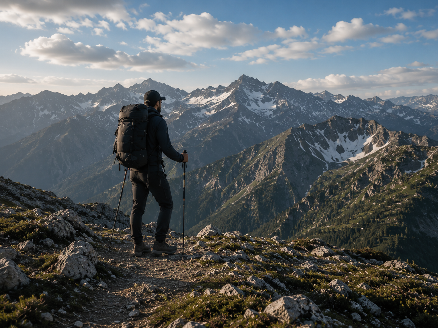 Hiker with a backpack and trekking poles on a rocky mountain trail, overlooking snow-capped peaks and green valleys under a partly cloudy sky.