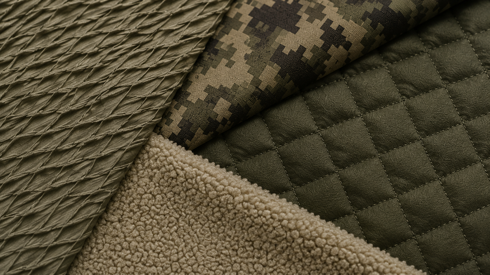 Close-up of four different textured fabrics in shades of green and beige, including a quilted fabric, a digital camo fabric, a knit fabric, and a textured woven fabric.