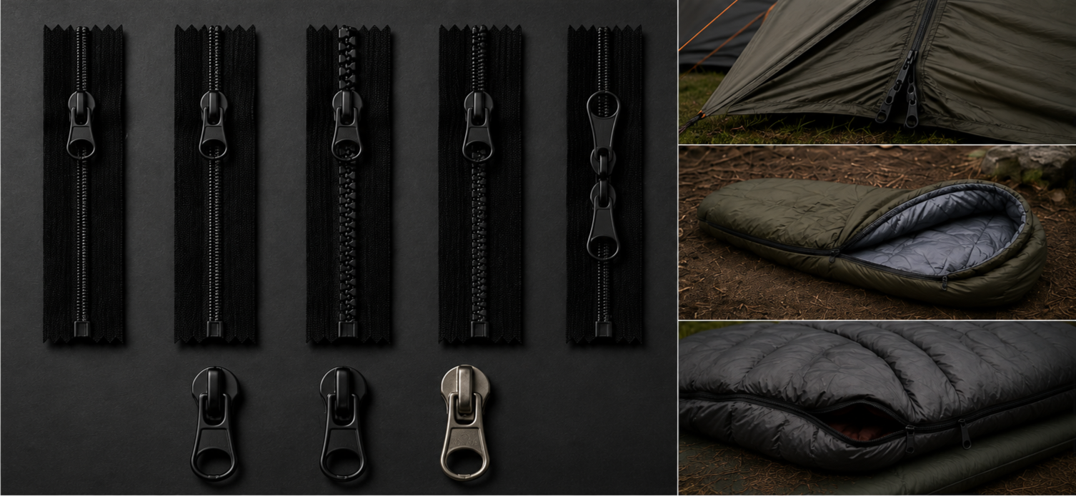 Close-up of various black and metallic zippers, and three sleeping bags in an outdoor setting, with a tent, sleeping bag, and quilted sleeping bag laid on the ground.