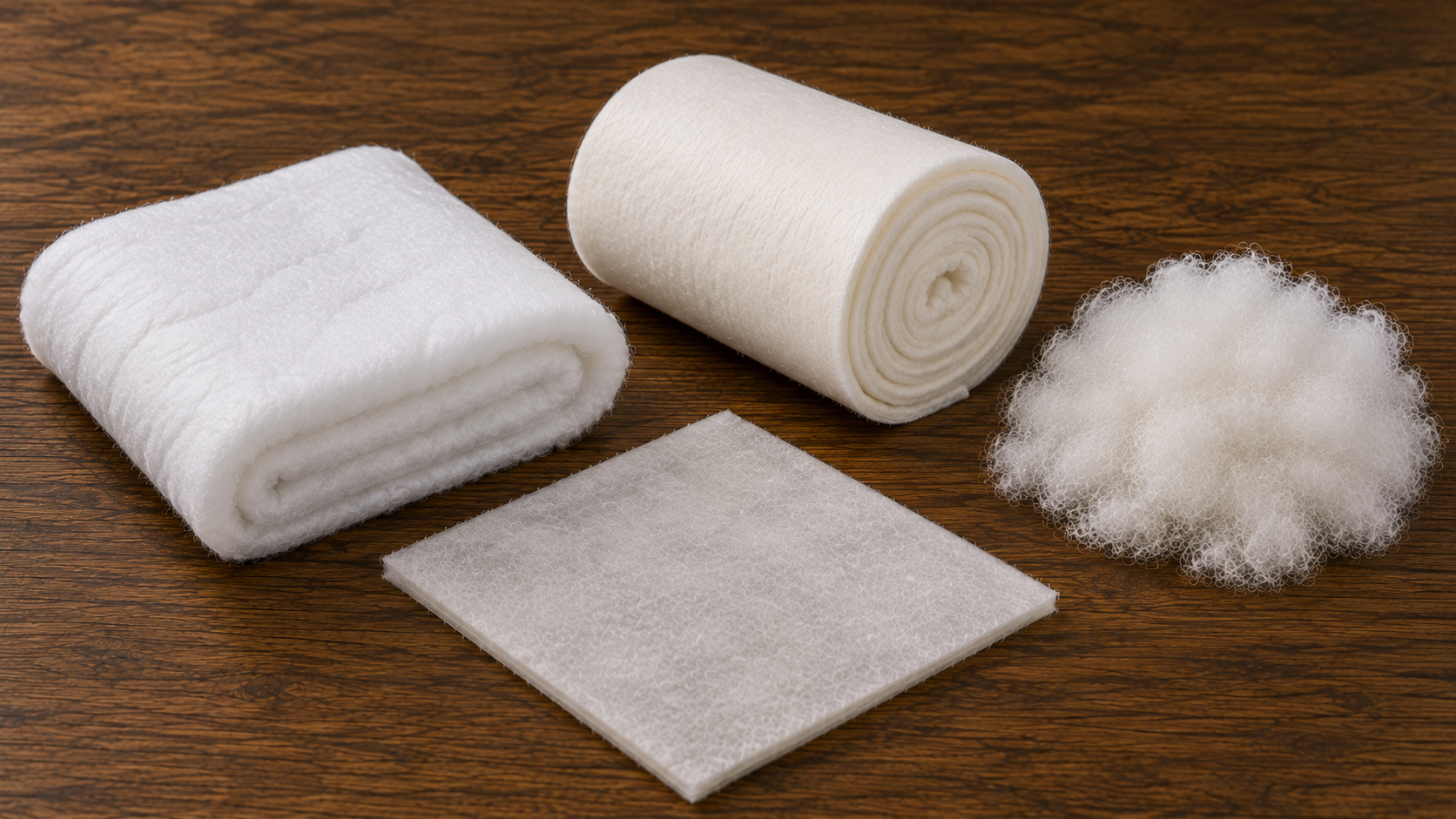 Assorted white cleaning supplies including a folded towel, a roll of paper towels, a scrubbing pad, and a pile of white scrubber fibers on a wooden surface.