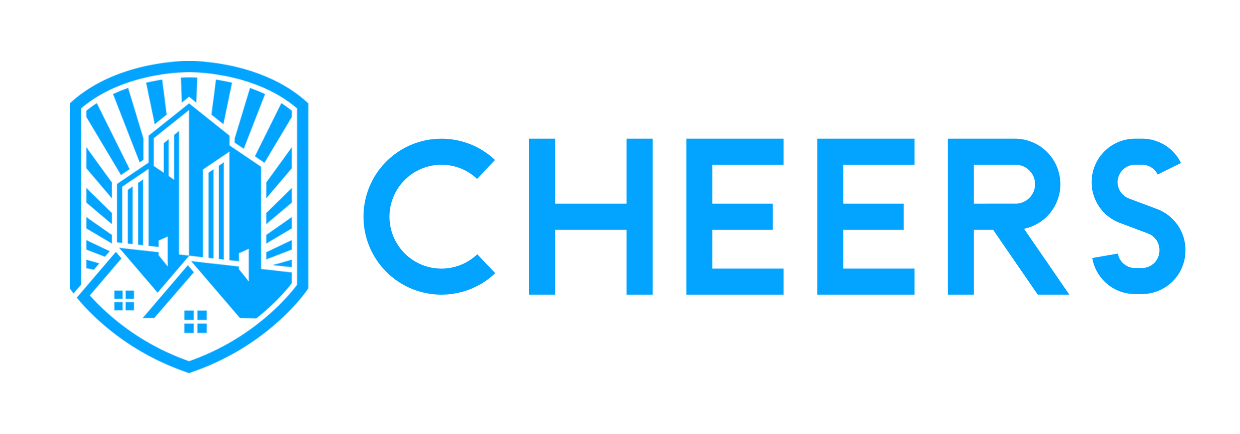 Logo of Chewy's pet retailer with a stylized illustration of a city skyline inside a shield and the company name in blue next to it.