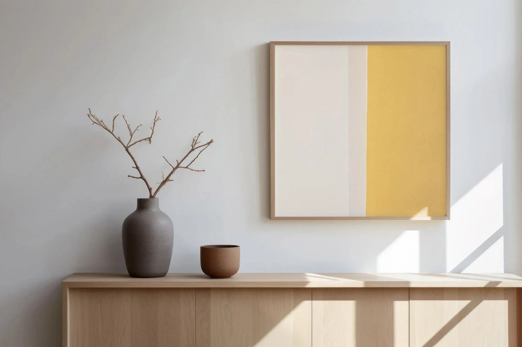 Vaso di ceramica grigio con rami spogli, vaso più piccolo marrone, quadro astratto con sezioni bianca e gialla, in una stanza luminosa.