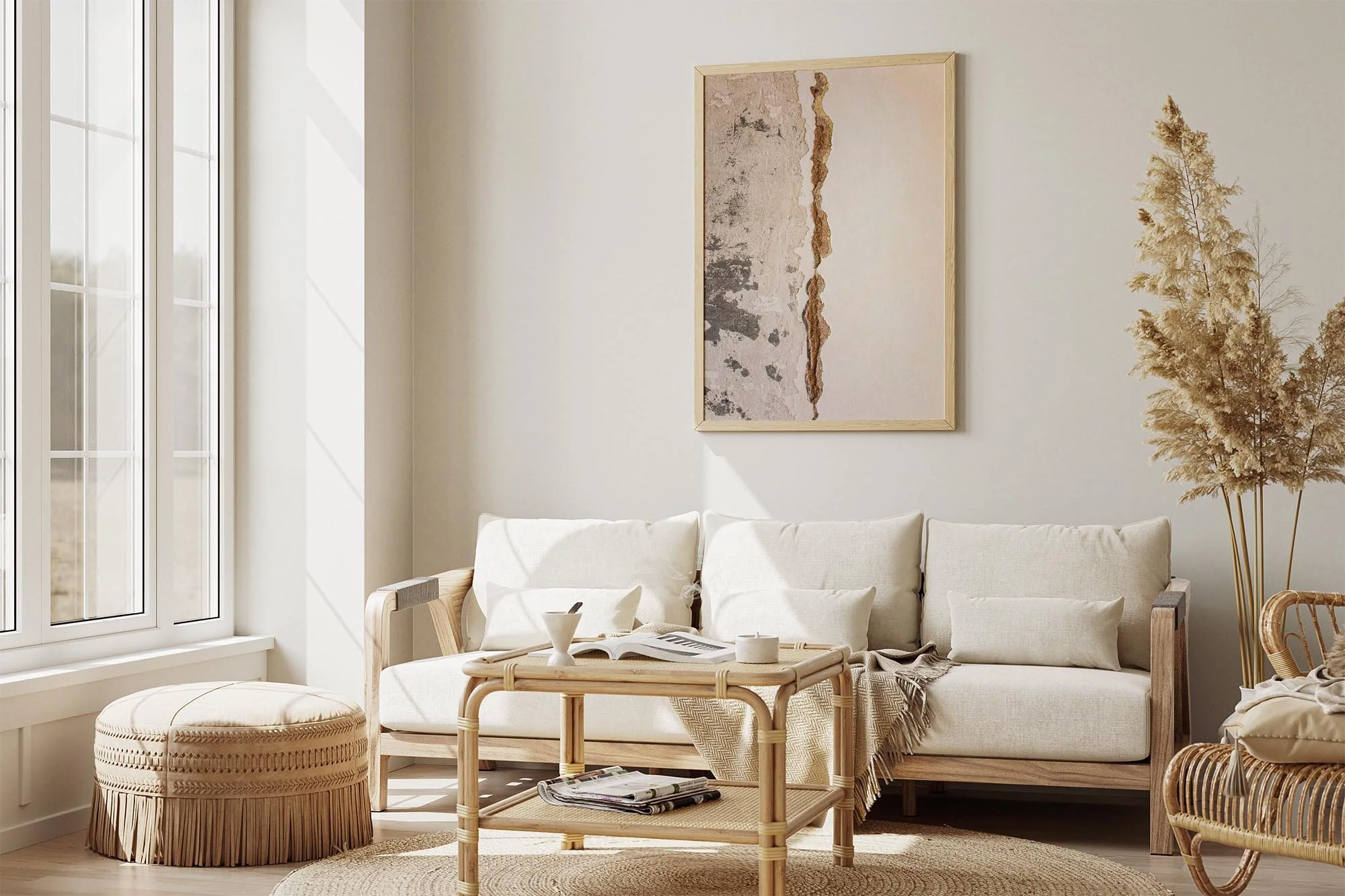 Interno soggiorno con divano bianco, tavolino in rattan e lampada da terra, parete decorata con quadro astratto, grande finestra, arredamento in stile minimalista e colori neutri.