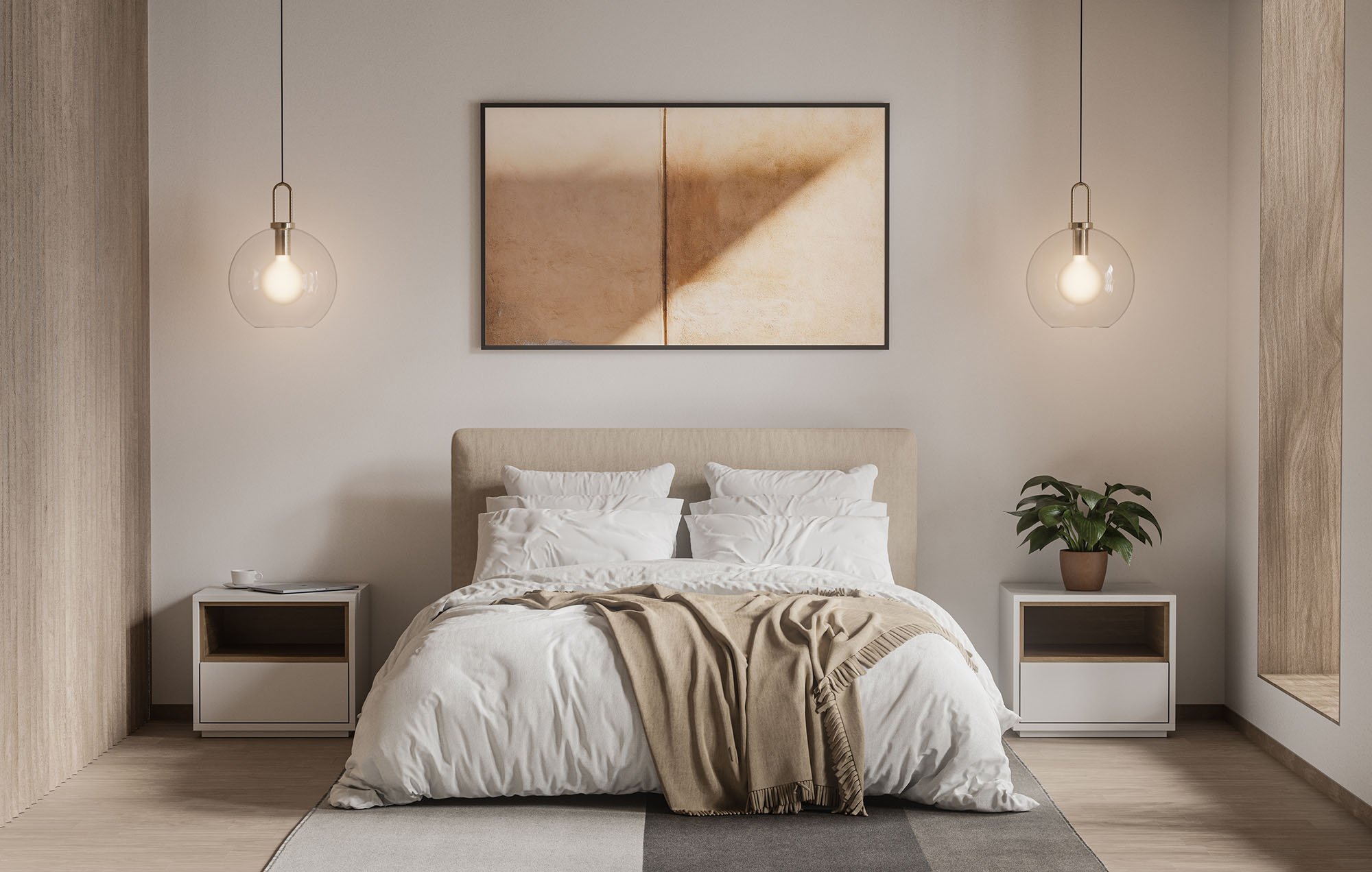 Stanza da letto moderna con pareti chiare, decorata con un quadro astratto orizzontale nei toni neutri e caldi dell'ocra, sopra il letto e luci appese ai lati. Il letto ha biancheria bianca, e ci sono due comodini con una pianta e una tazza ciascuno.