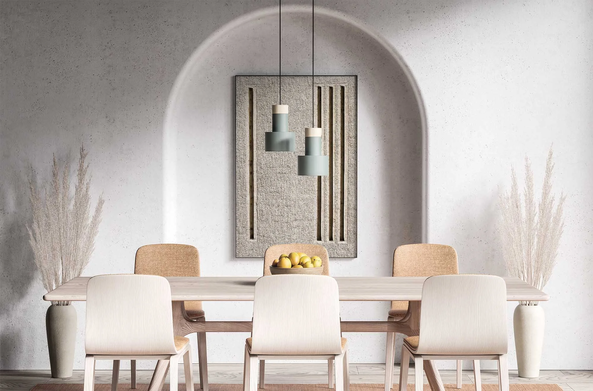 Sala da pranzo con tavolo in legno, sedie bianche e una ciotola di mele sul tavolo, pareti in stile minimalista con decorazioni moderne e un'illuminazione sospesa