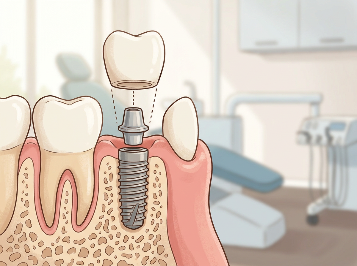 Diagram of a dental implant procedure showing a tooth being replaced with a metal screw implant in the jawbone, surrounded by gums and adjacent teeth.