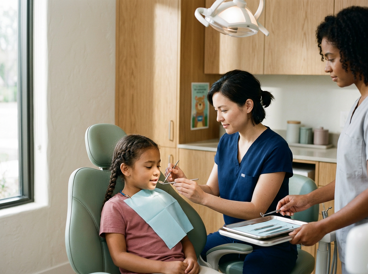 A young girl sitting in a dental chair at the dentist's office, wearing a pink shirt and a dental bib, with her eyes closed. A female dentist in navy scrubs is examining her mouth with a dental mirror, while an assisting dental staff member in a gray uniform holds a tray of dental tools beside them.