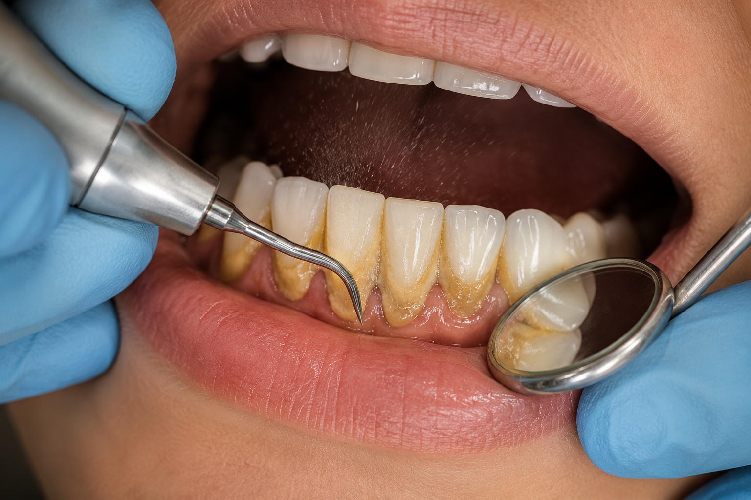 Close-up of a dental cleaning in progress, with a dental professional wearing blue gloves using a scaling instrument to remove plaque from the lower teeth, revealing stained and tartar buildup on the teeth and gums.