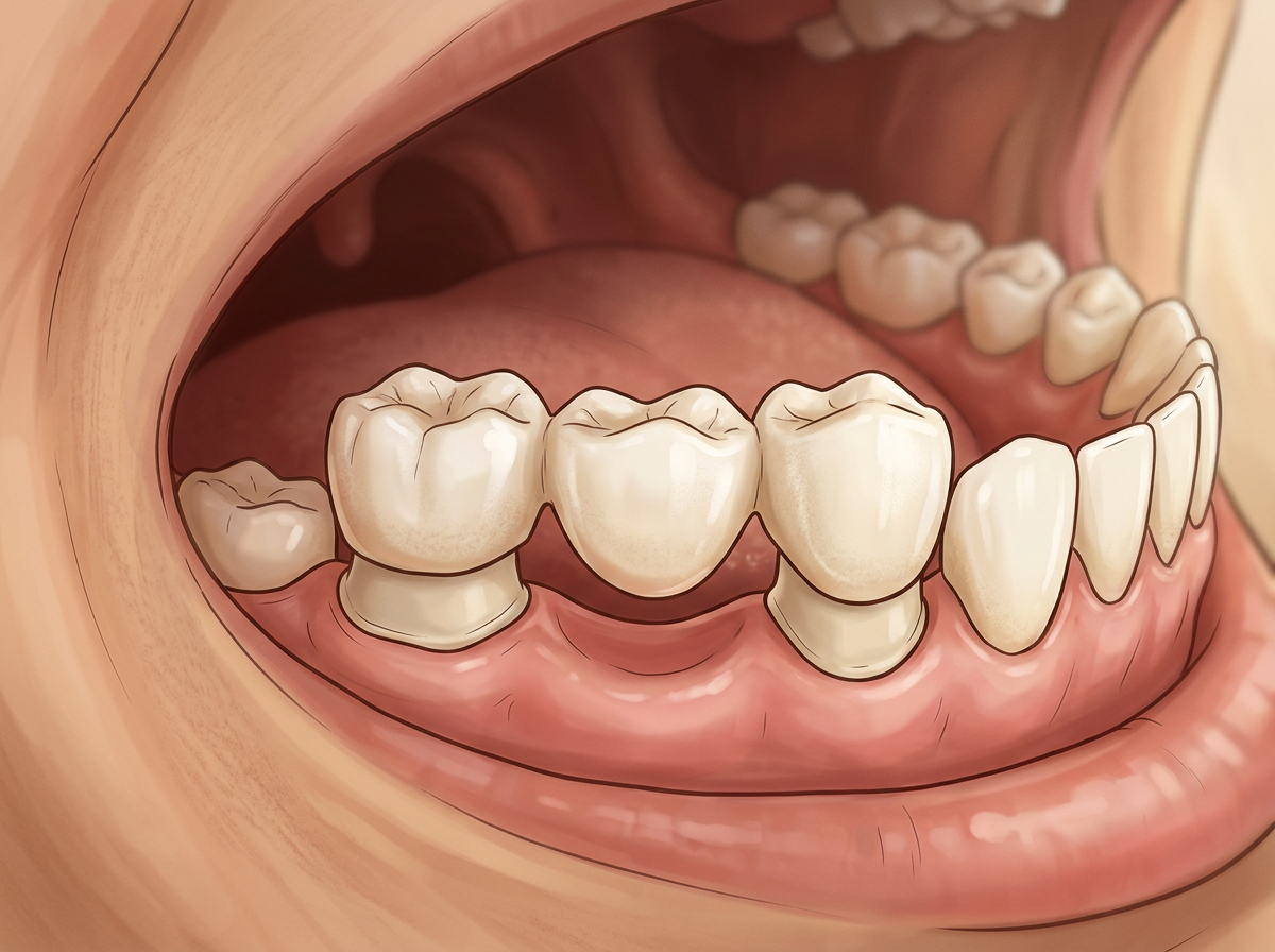 Close-up illustration of the inside of a mouth showing teeth, gums, and tongue.