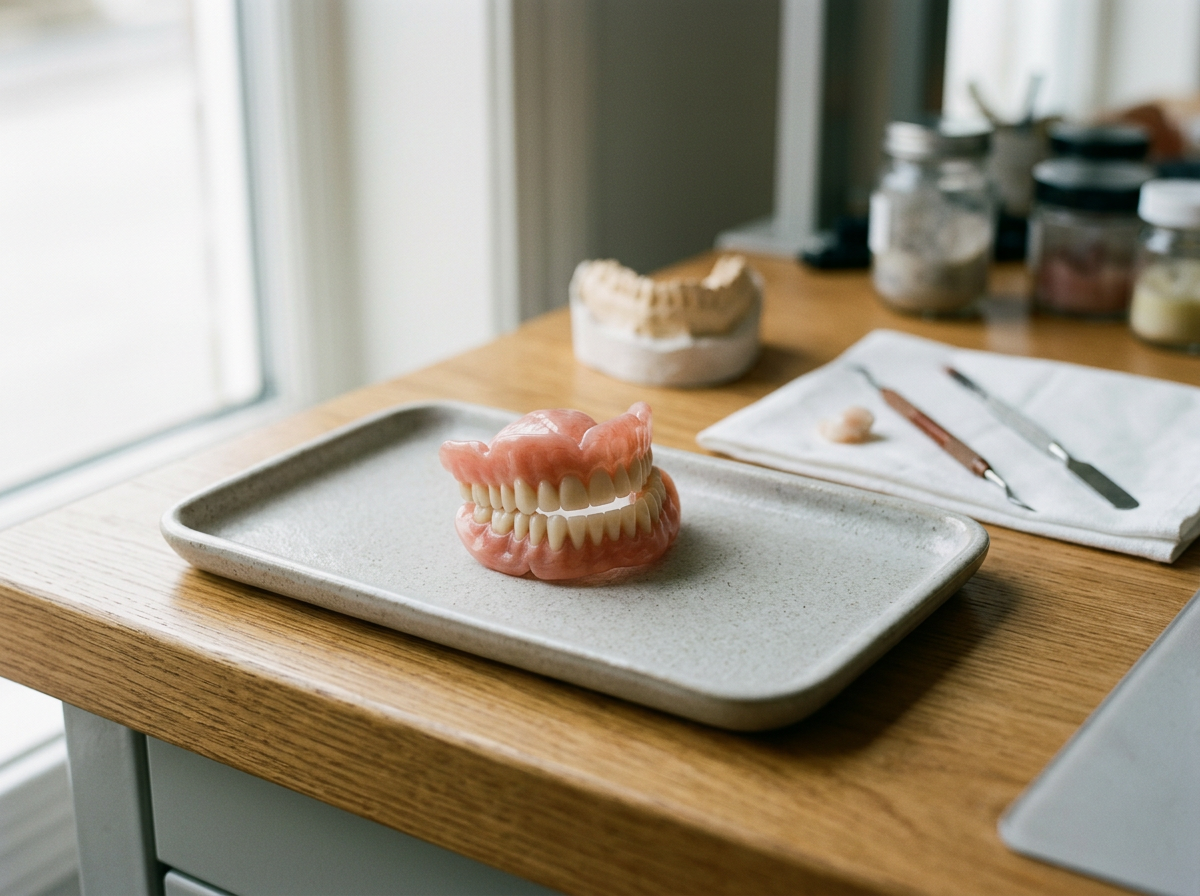 A dental model of teeth on a tray, with dental tools and supplies on a wooden work surface.