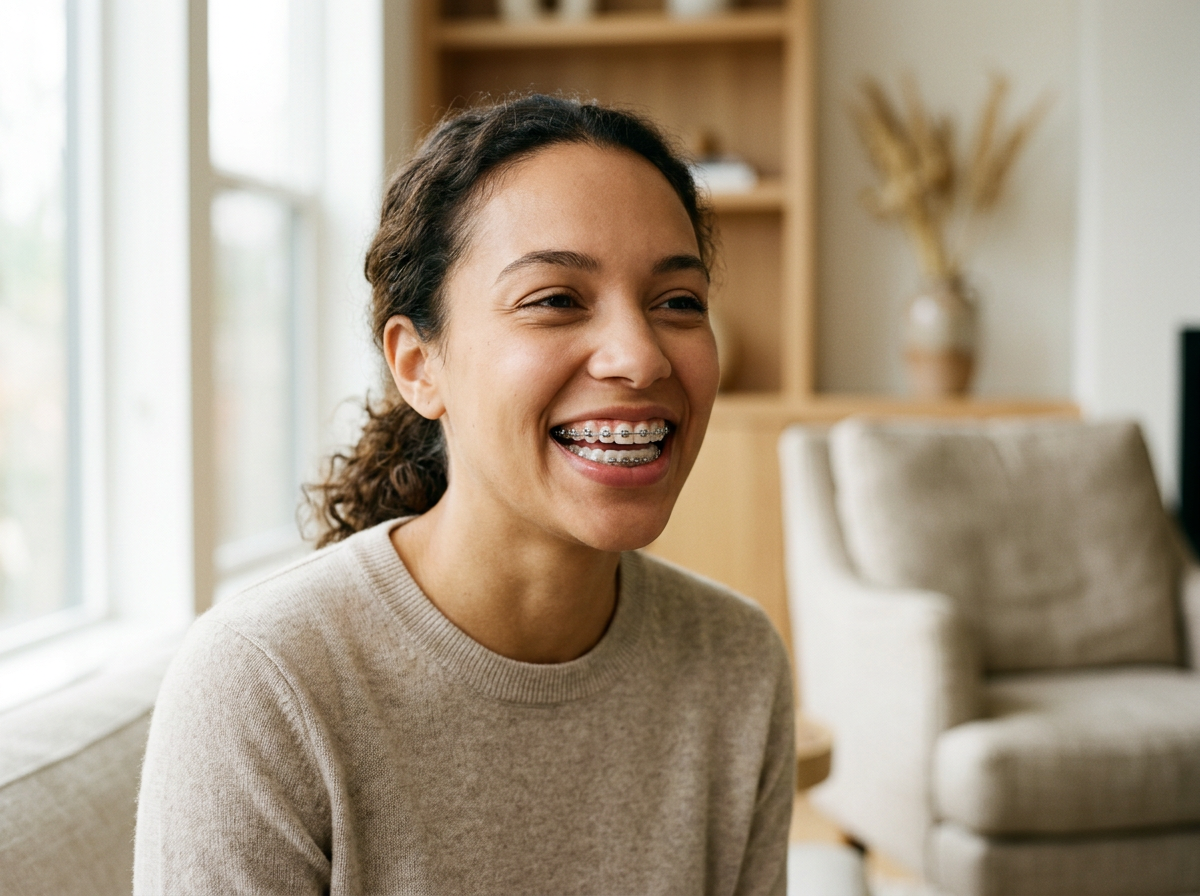 A young woman with curly brown hair, smiling and showing braces on her teeth, sitting in a living room with natural light coming through the window.
