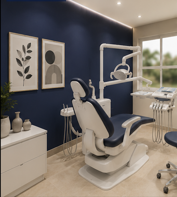 Dental office with dental chair, equipment, and framed artwork on a blue wall, near a window with outdoor view.