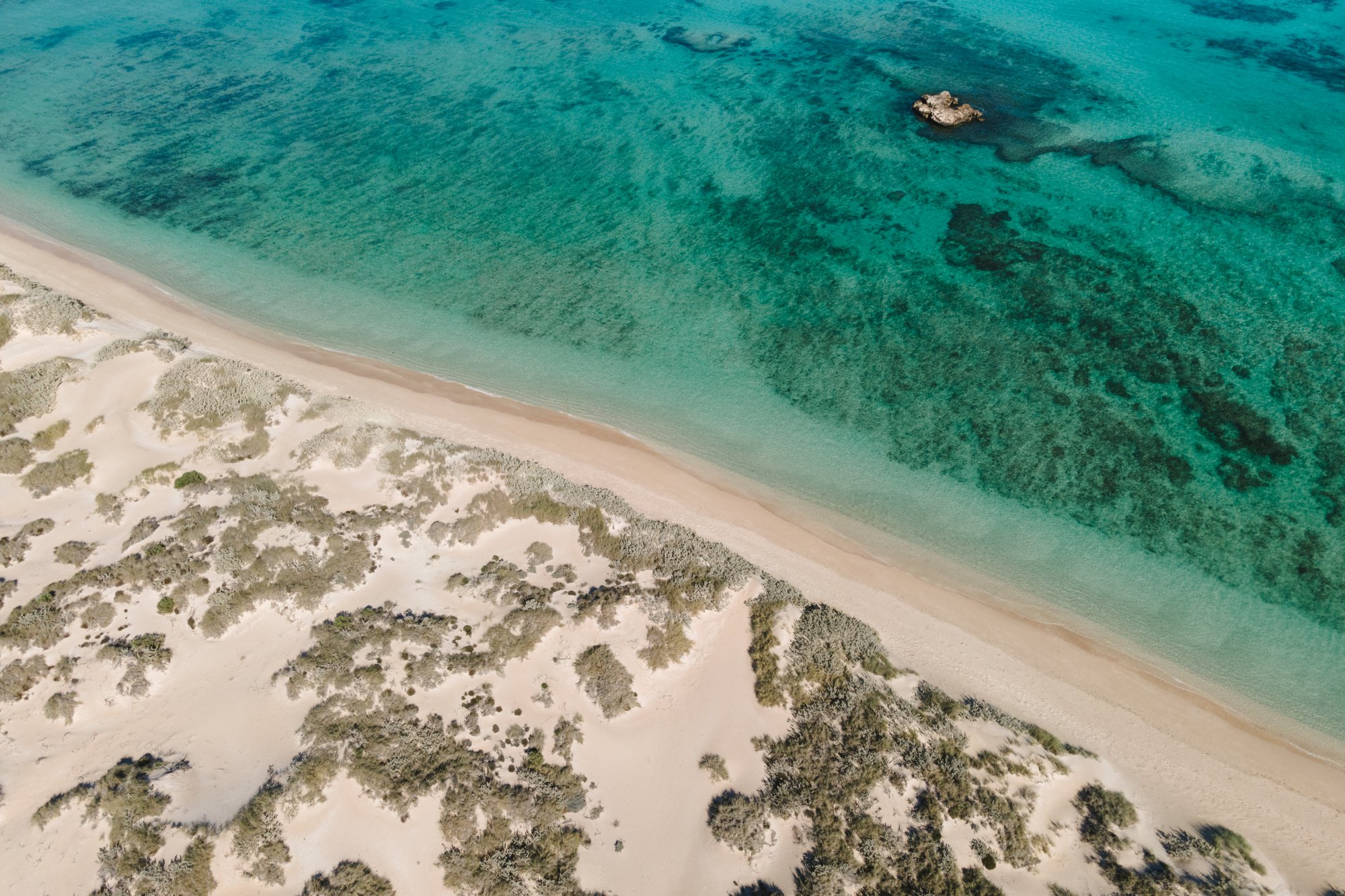 Aerial view of a sandy beach with sparse vegetation along the shoreline and clear turquoise ocean water.