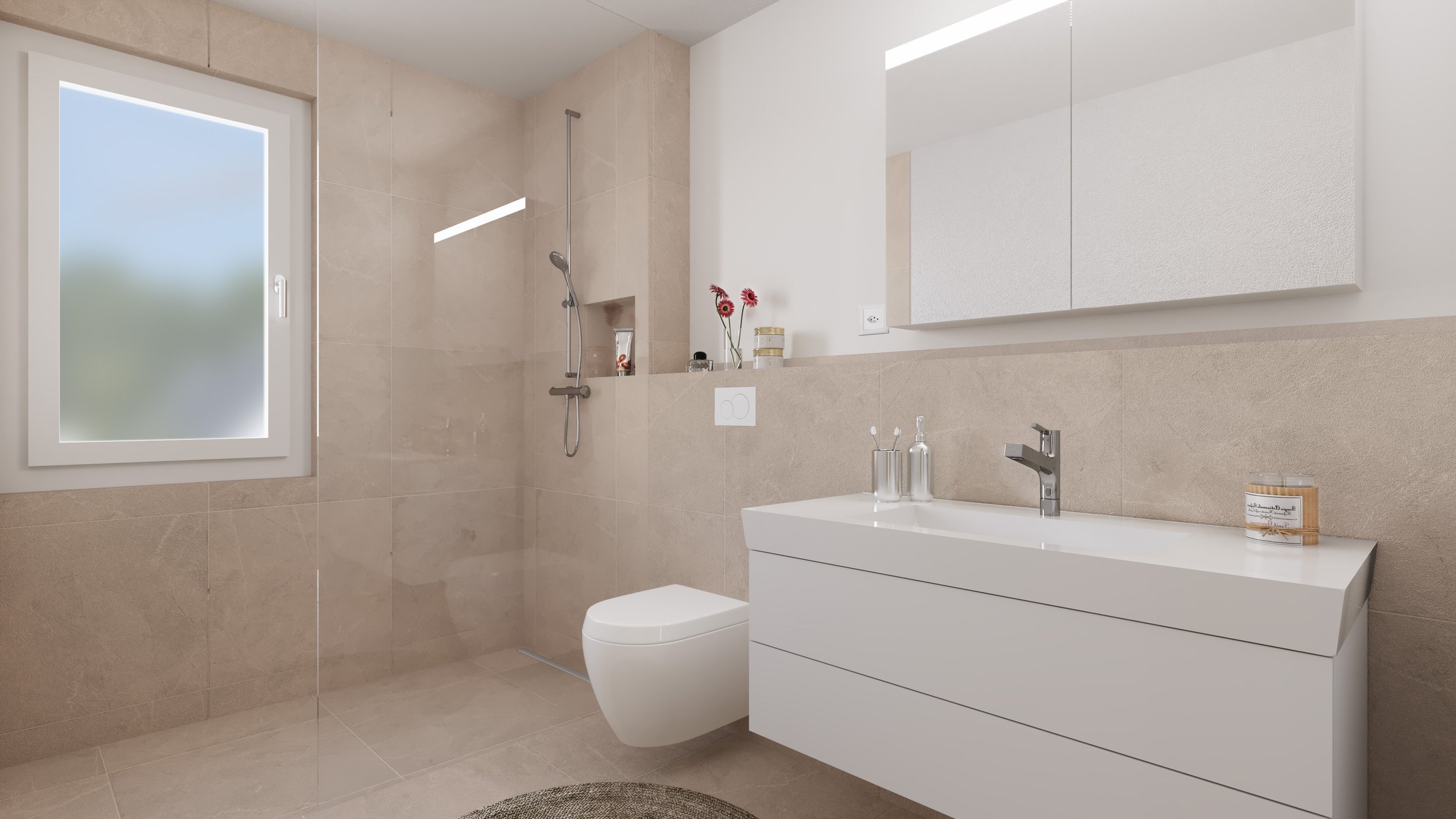 Modernes Badezimmer mit beige Fliesen, Waschbecken, Spiegel, Toilette, Dusche mit Handbrause und Fenster mit Milchglas