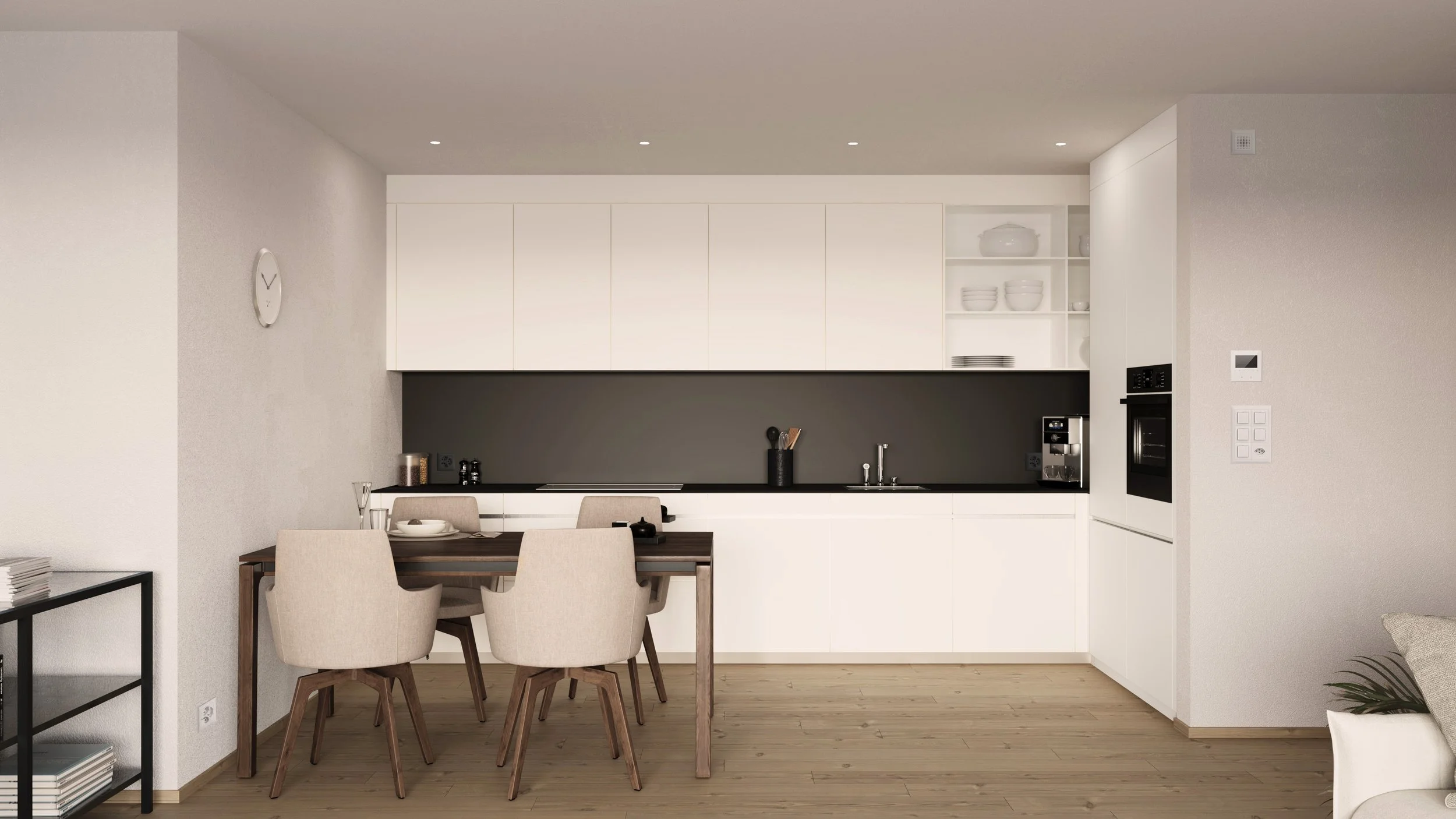 Modernes, minimalistisches weißes Kücheninterieur mit schwarzen Akzenten, Esstisch mit sechs Stühlen, offene Regale mit Geschirr, eingebautem Backofen, Kaffeemaschine, und mehreren Steh- und Tischlampen.