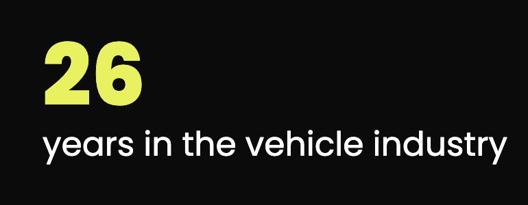 Text graphic with yellow '26' and white text that reads 'years in the vehicle industry' on a black background.