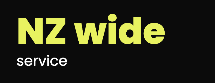 Text on black background that reads 'NZ wide service' in large yellow and white letters.