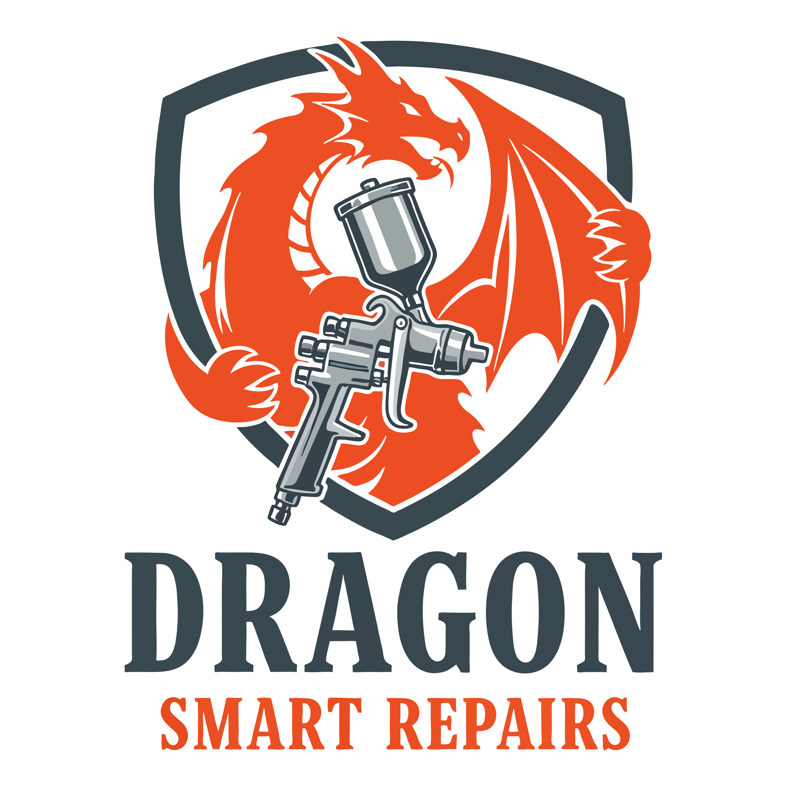 Logo for Dragon Smart Repairs featuring an orange dragon holding a spray gun, with the company name and slogan in black and orange text.