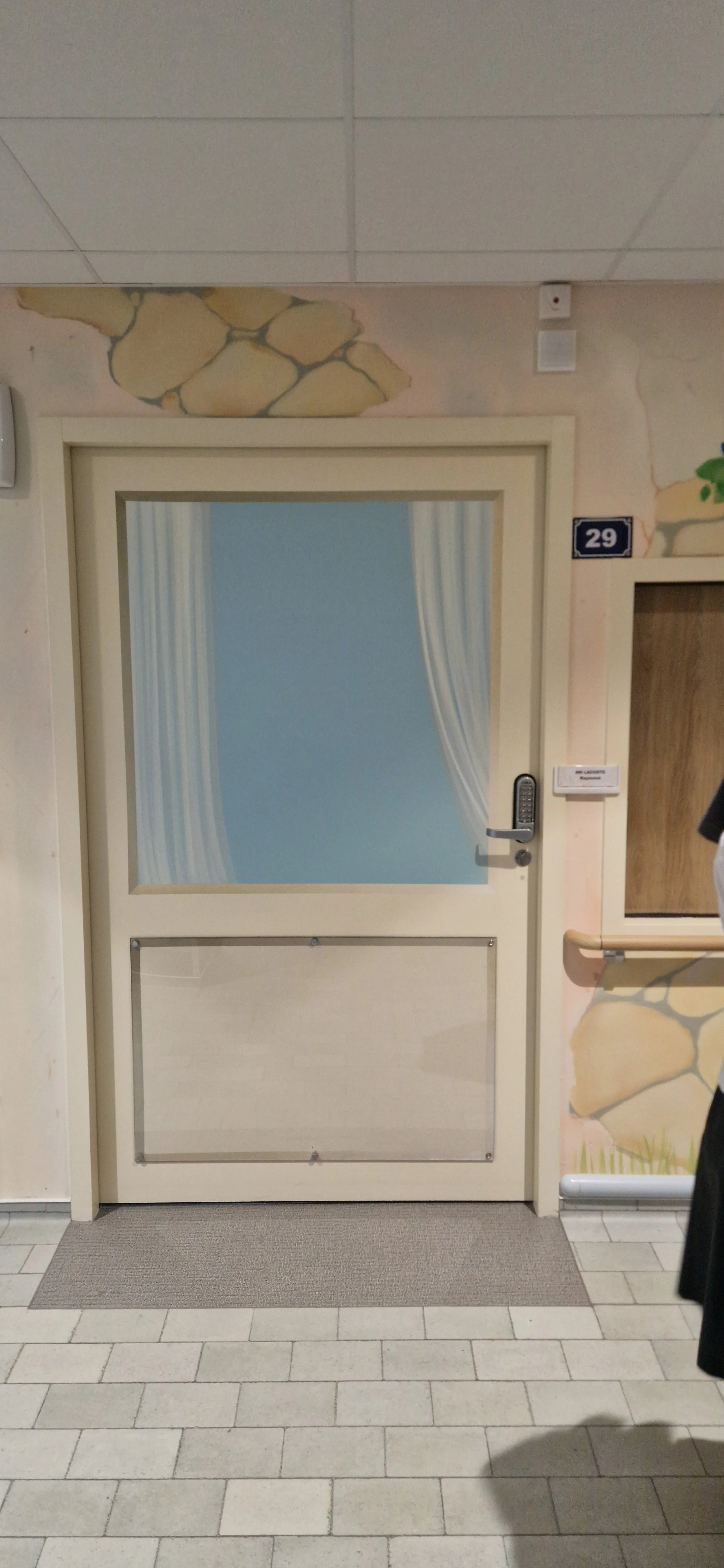 Porte d'hôpital avec un mur peint de motifs de pierre et un placard à côté, numéro 29. La porte a un panneau en verre avec un motif de rideaux et un dispositif de verrouillage électronique.
