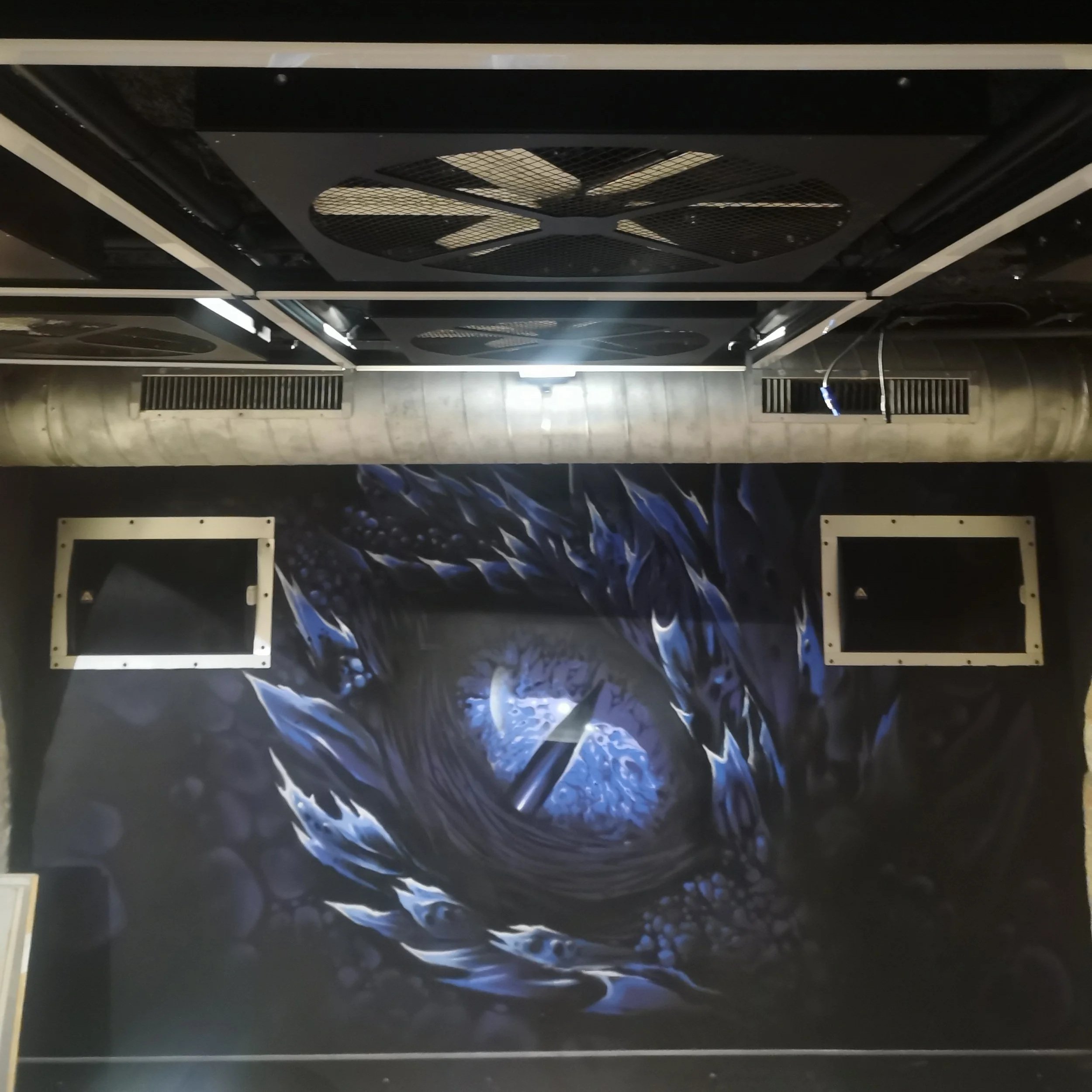 Une image d'une fresque artistique représentant l'oeil de la Goule, animal mythique à Poitier, dans le sous sol de la célèbre boite de nuit la grand Goule