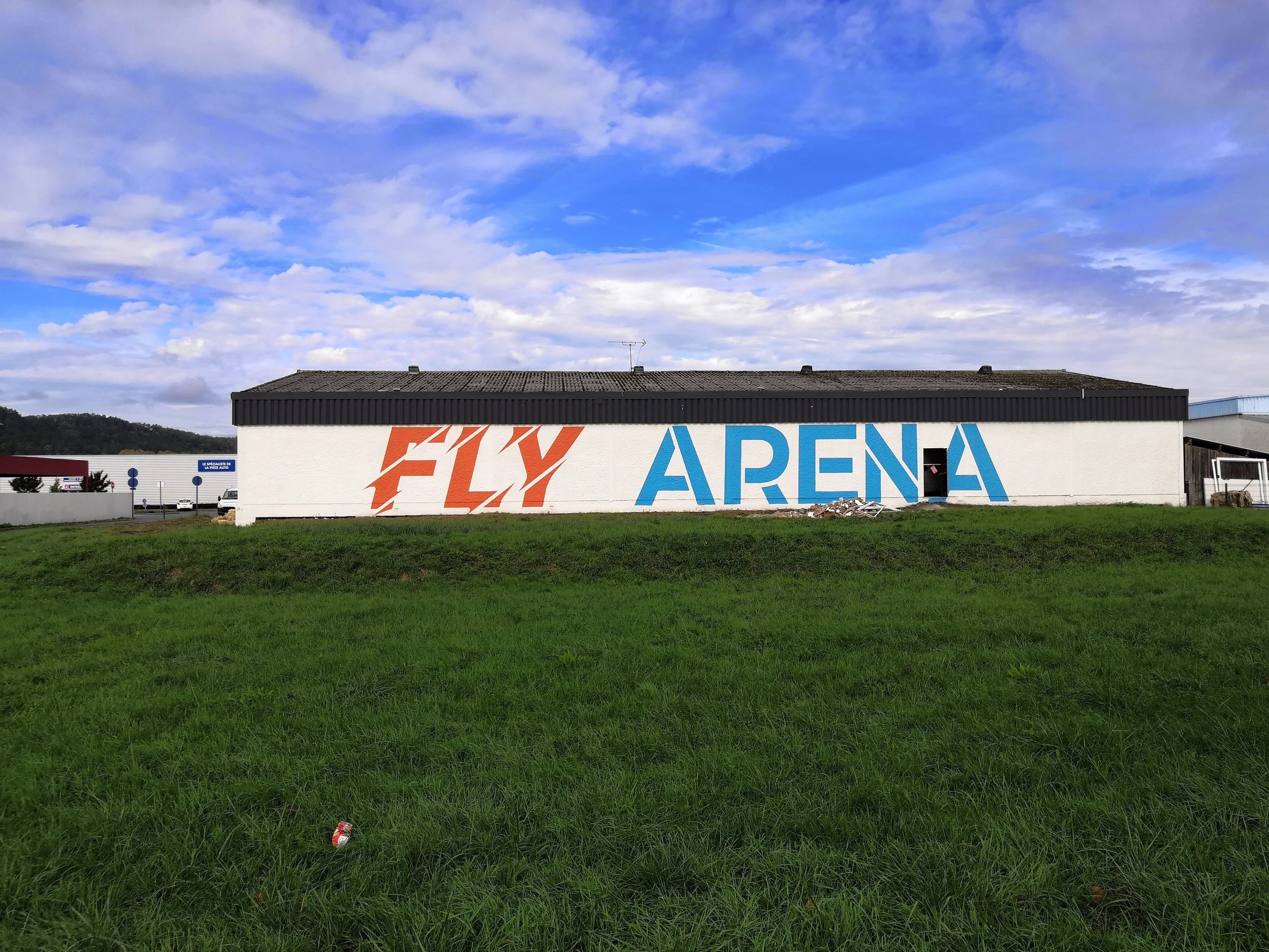 Une grande fresque peinte en lettres bleues et orange sur un mur blanc à l'extérieur, avec un ciel bleu et des nuages en arrière-plan et une pelouse verte au premier plan. Texte géant réalisé à la spray "FLY ARENA"