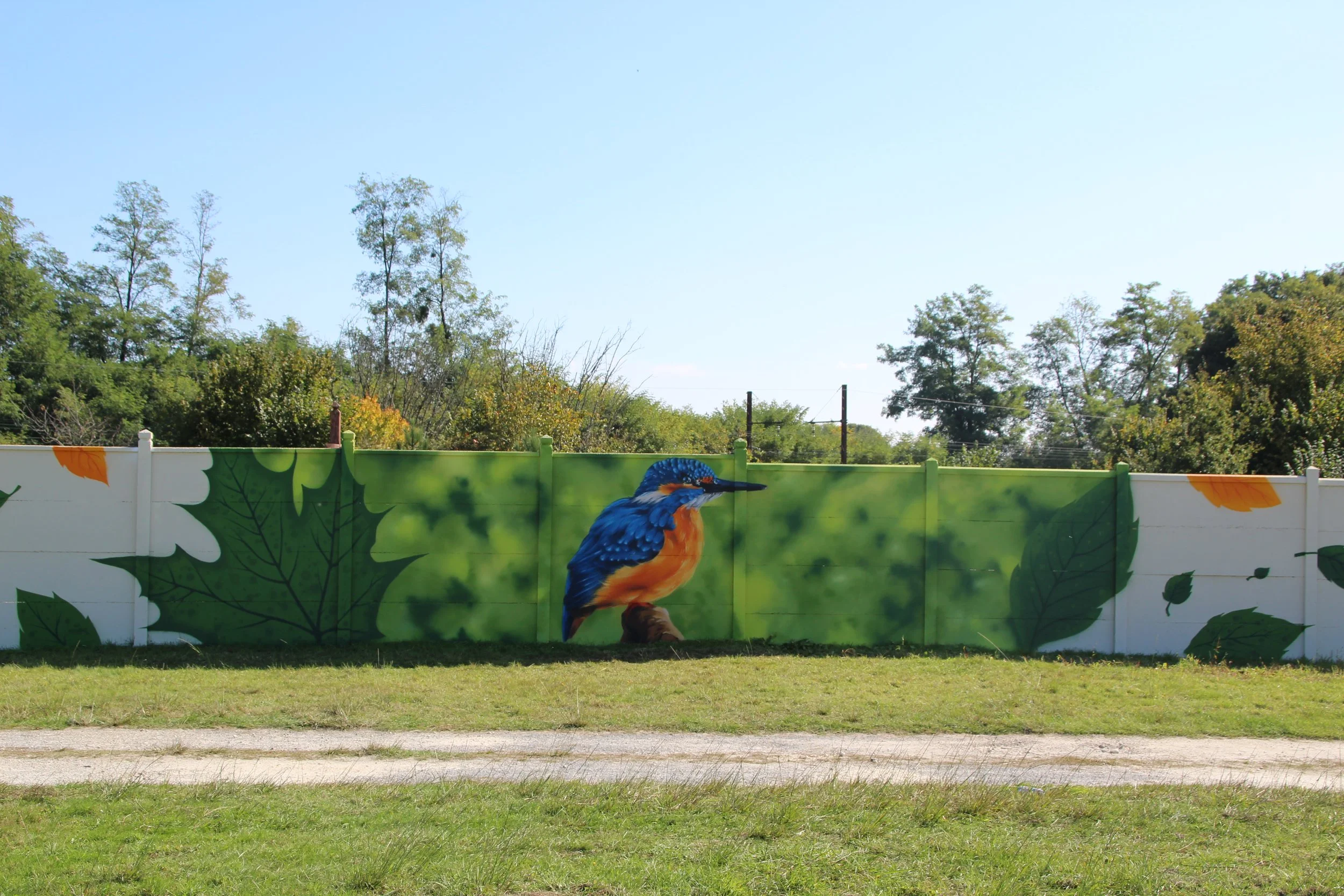 Barrière peinte avec une image d'un martinet azure et de grandes feuilles vertes, devant un ciel clair et des arbres.