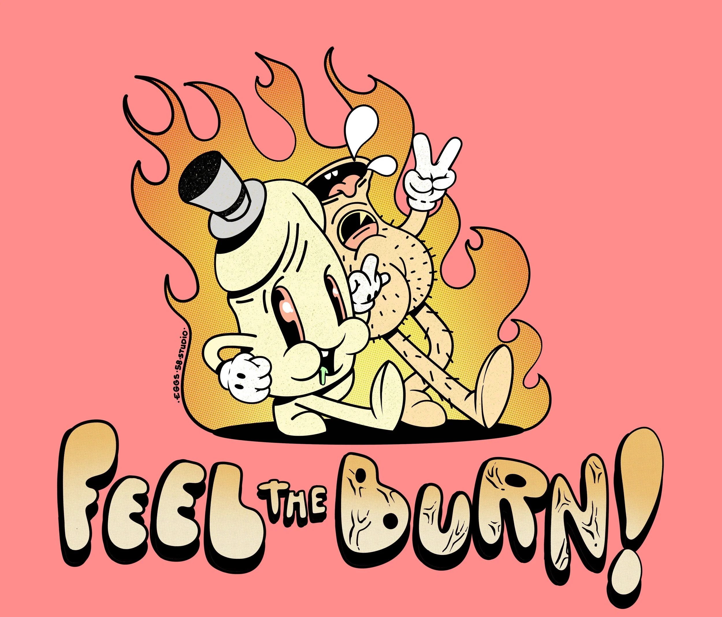 Une illustration de style bande dessinée montrant une créature fantastique avec un corps squelettique, un visage souriant, des mains faisant un signe de paix, entourée de flammes orange et jaunes sur un fond rose, avec du texte stylisé en bas.